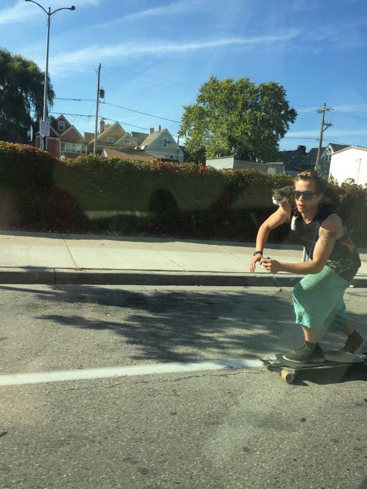 Just some dude skateboarding with his shoulder cat