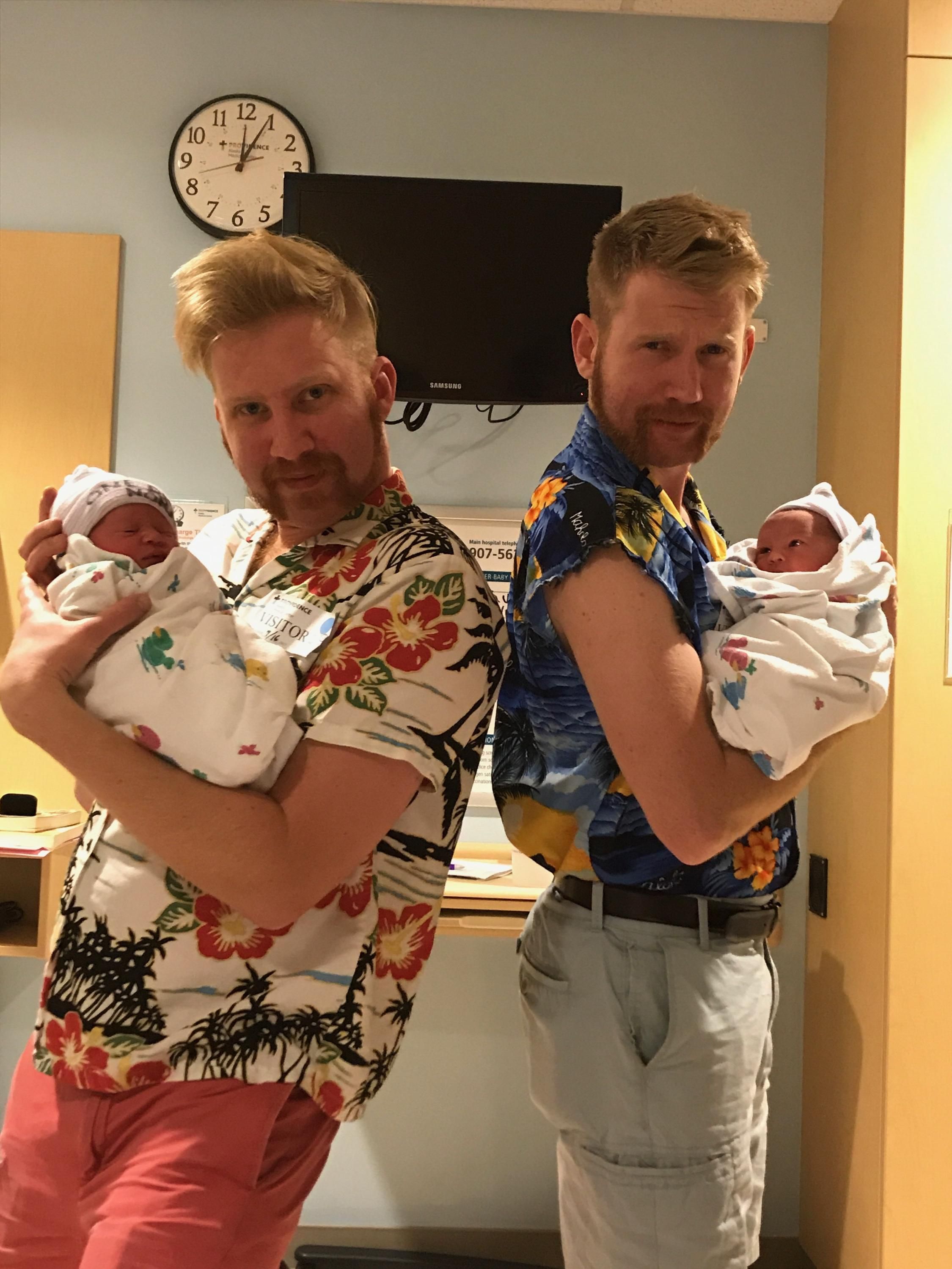 My brother and I became uncles this week to twins. First impressions are important, so naturally we shaved and dressed to impress