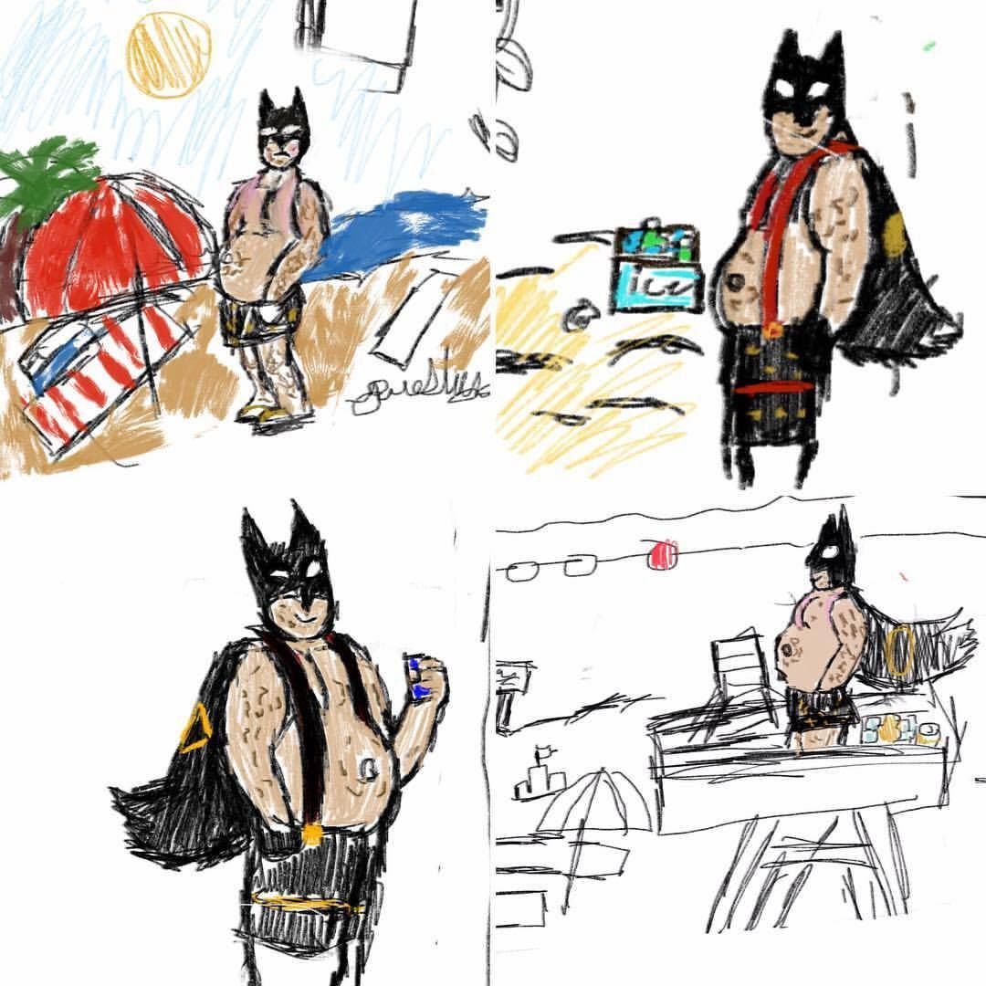 My 11 year old has started drawing fat, middle aged Batman at the beach and it's everything you never knew you needed in life