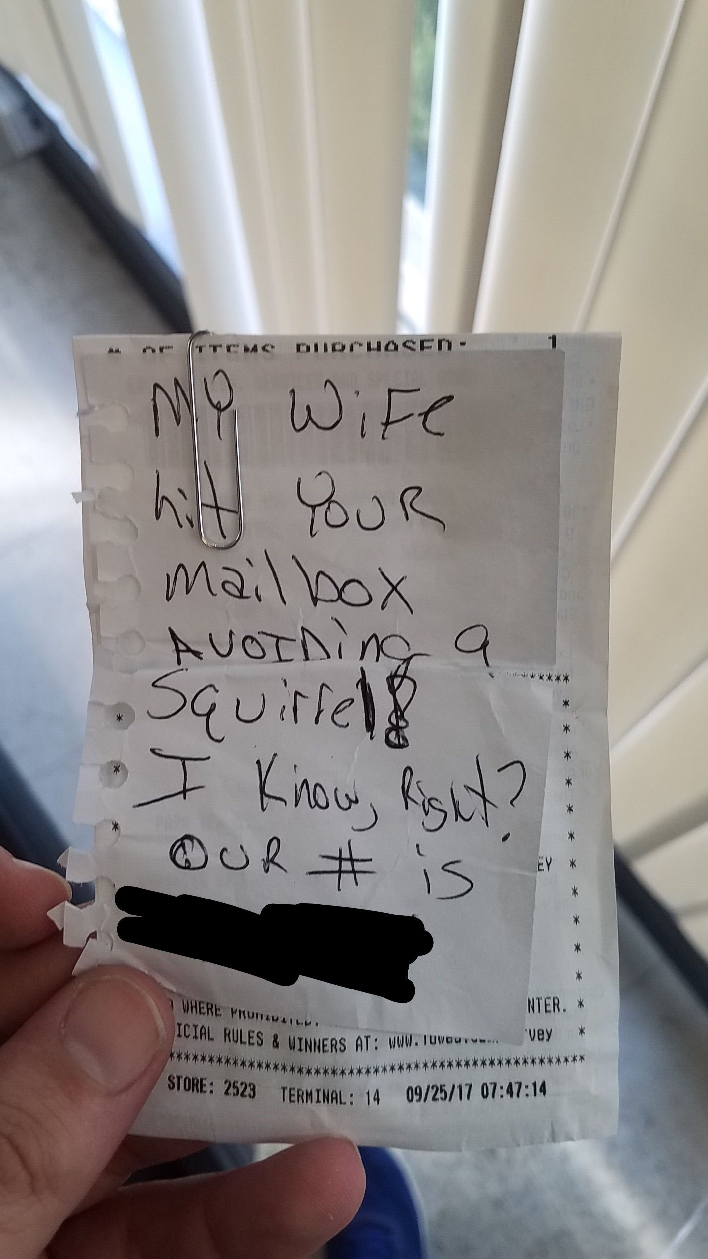 Mailbox damaged - Found this note