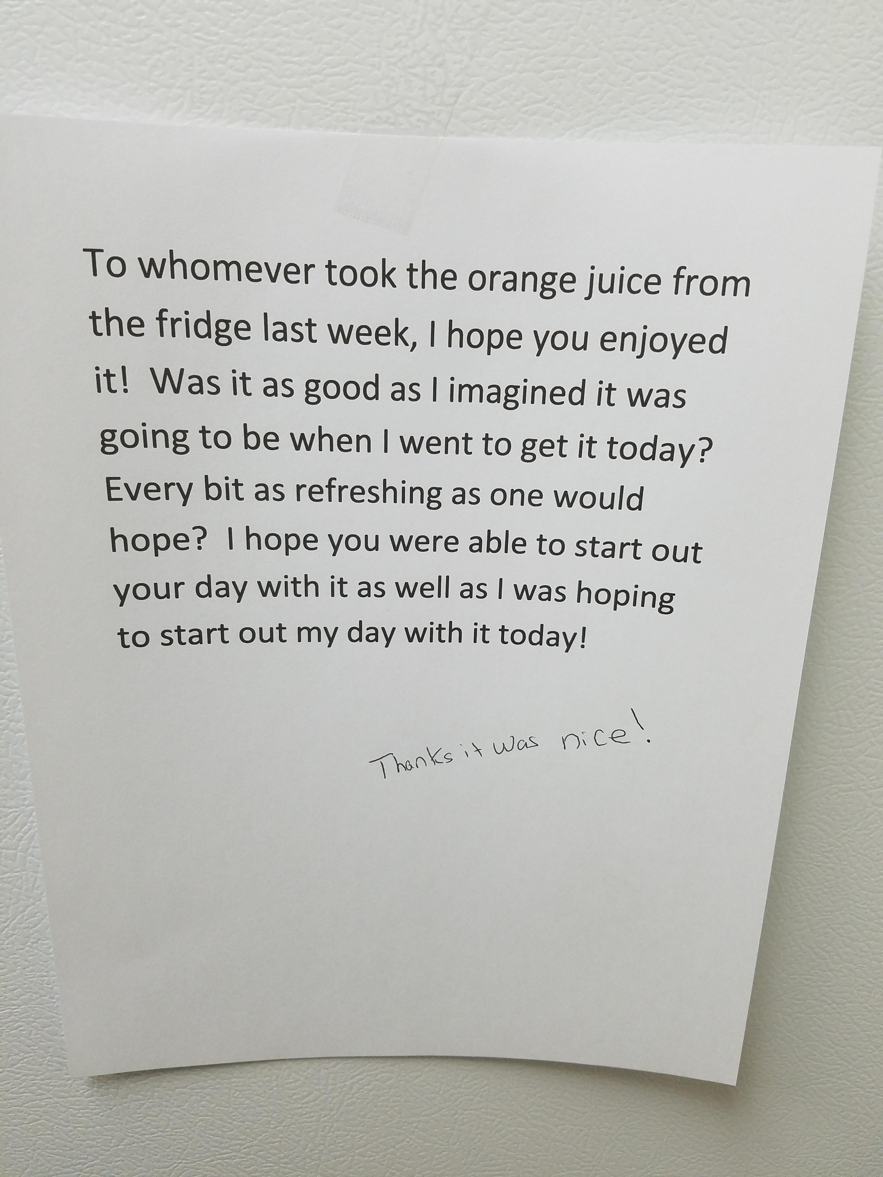 Passive aggressive work fridge theft at its best.