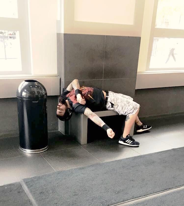 If there's not a sub for people sleeping in the most peculiar positions in public, there should be.