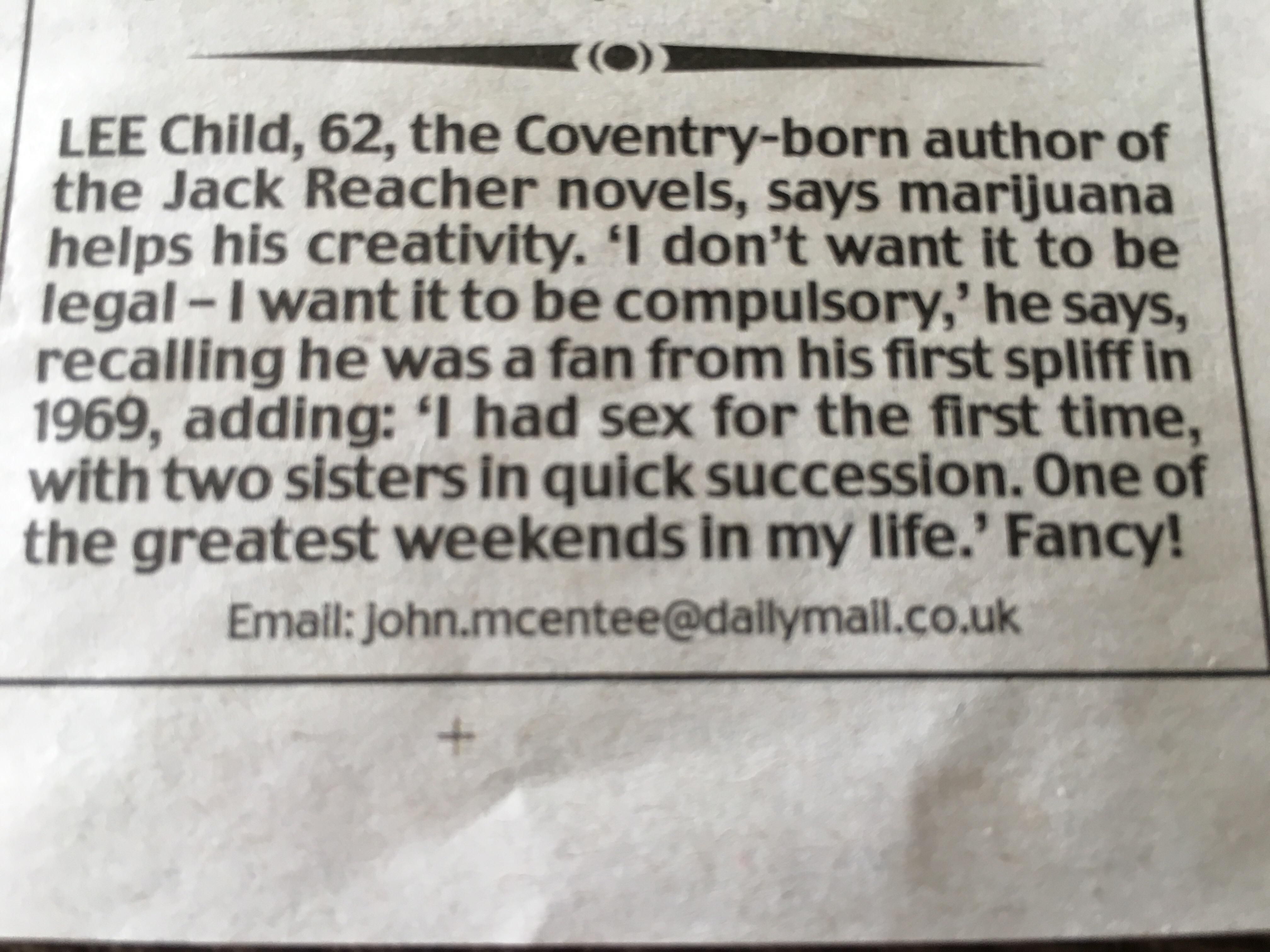 Lee Child had a great weekend