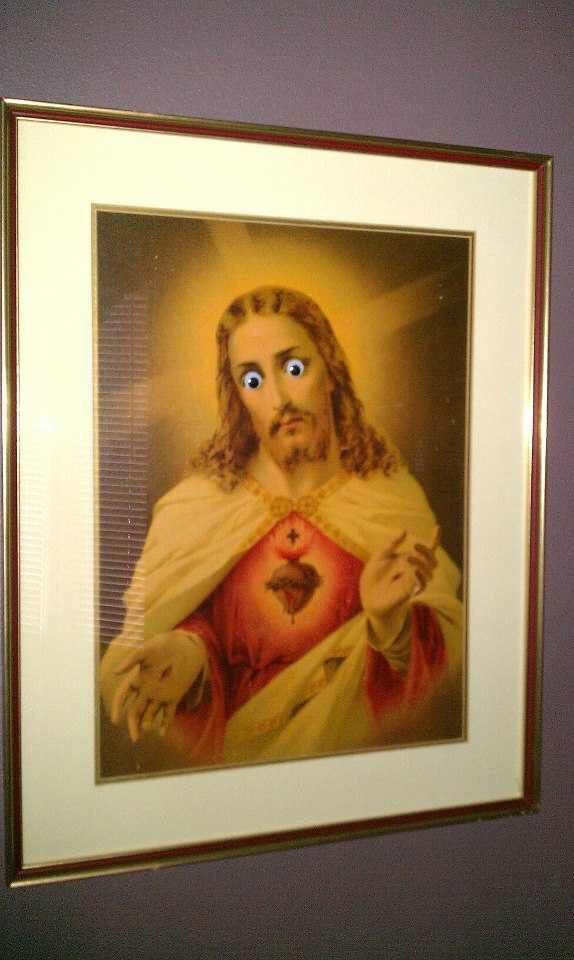 Apparently putting googly eyes on my parents portrait of Jesus is "not funny" and "blasphemous"