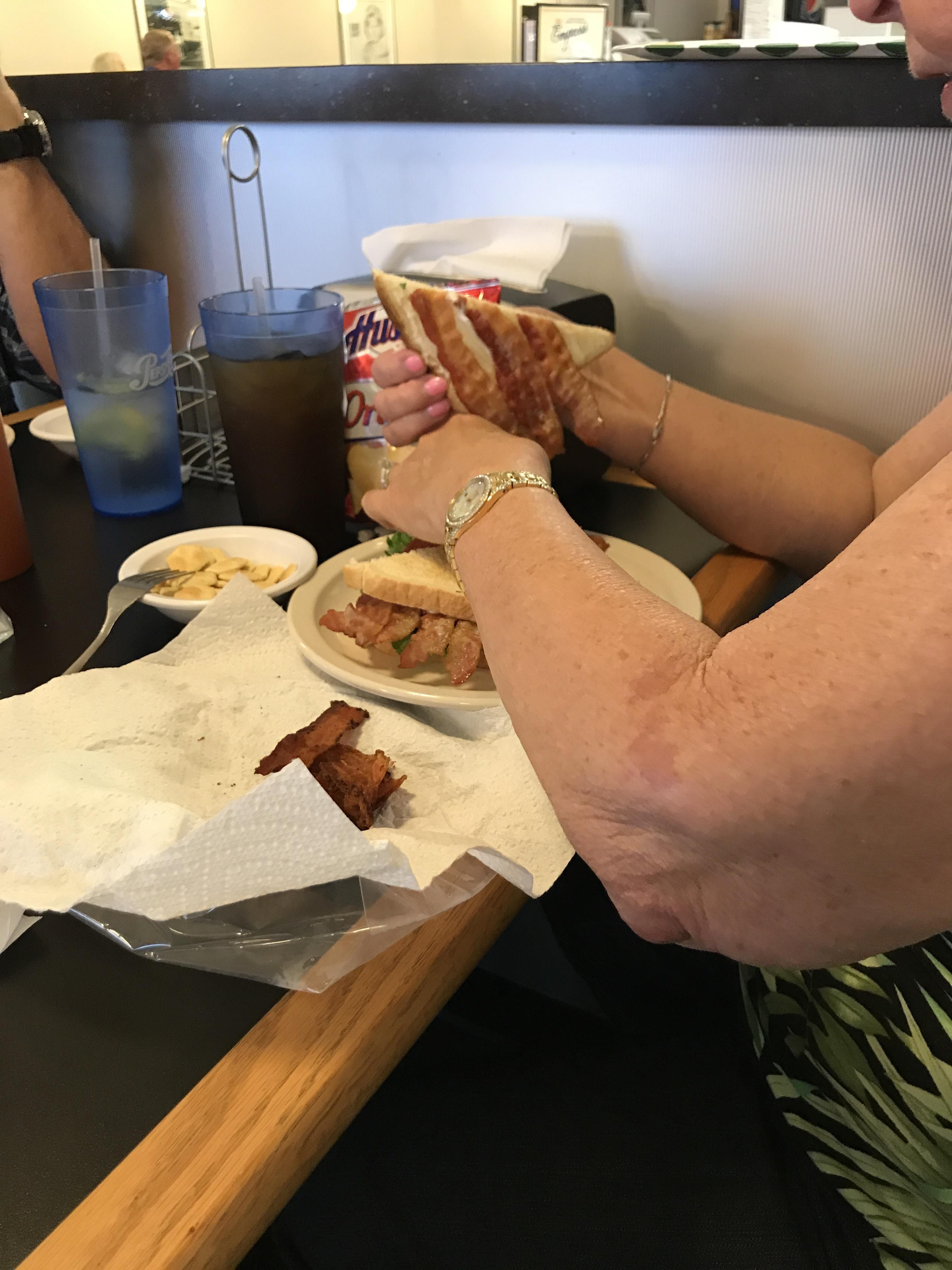 My grandma packs her own bacon because she feels like the restaurants never put enough on her BLTs....