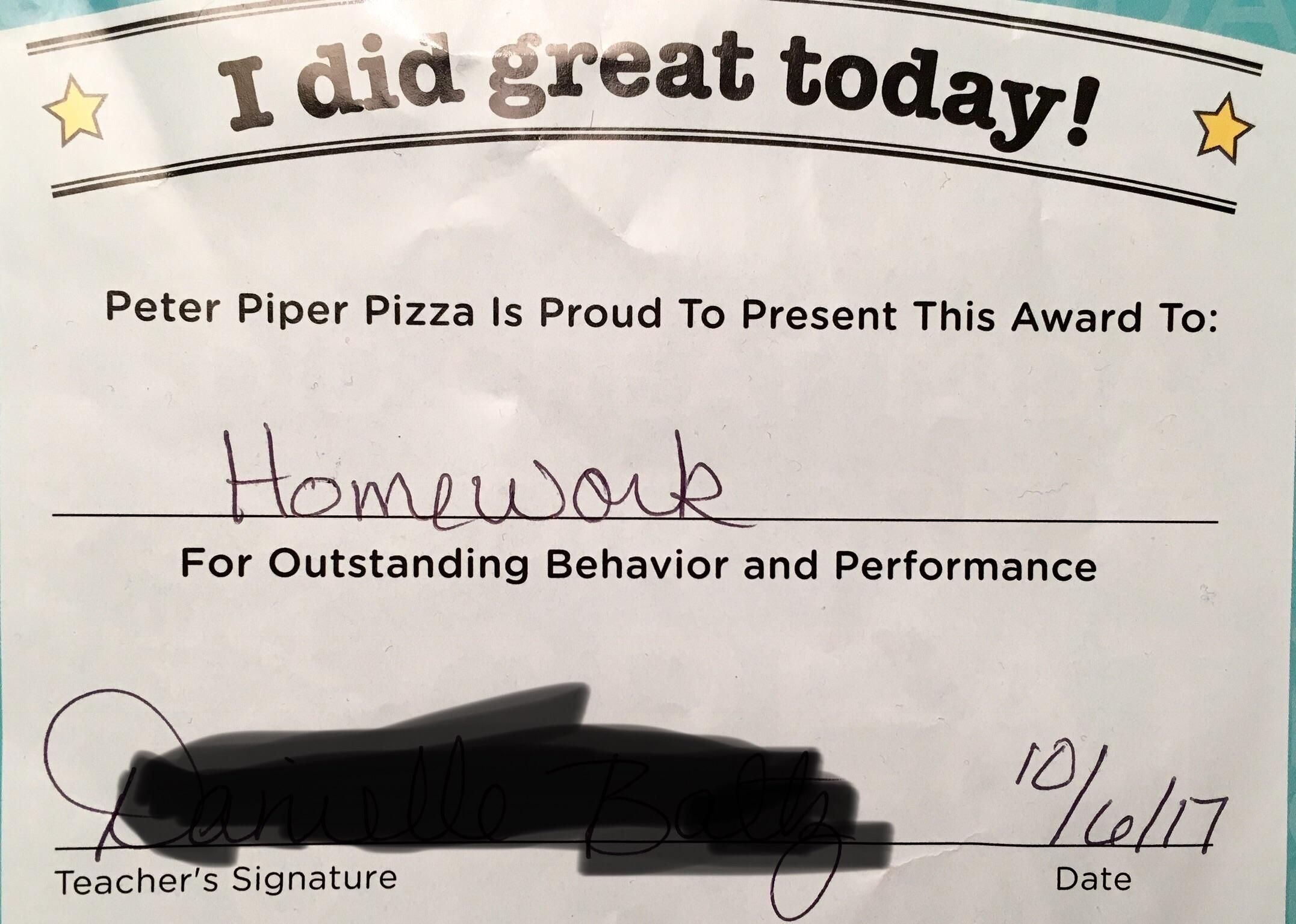 Teacher sent this home with our kindergartner. We've always been proud of our son, Homework.
