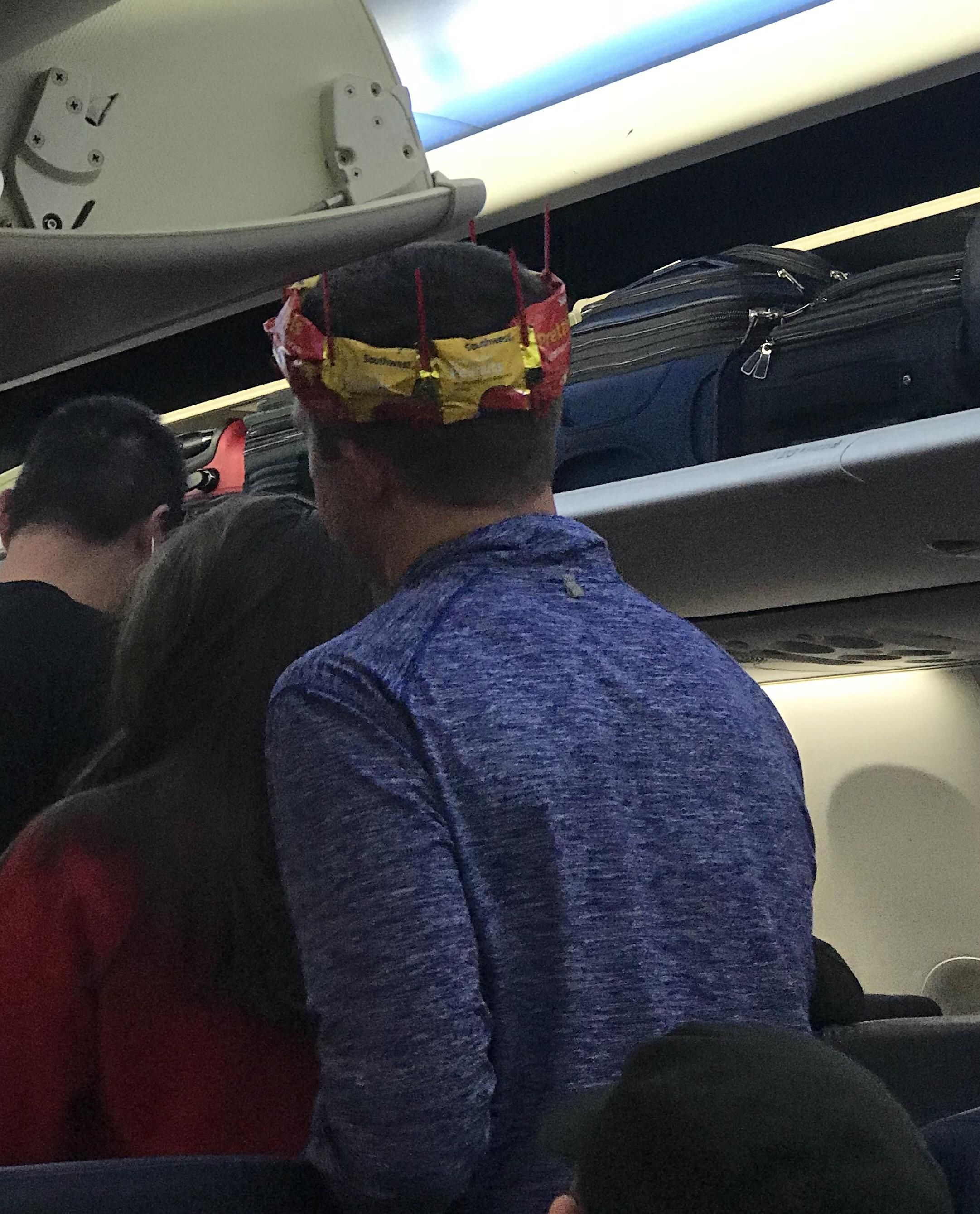 Today on my flight it was a passengers birthday, so a flight attendant made him a crown out of peanut bags and those little swords that they put in ***tail drinks.