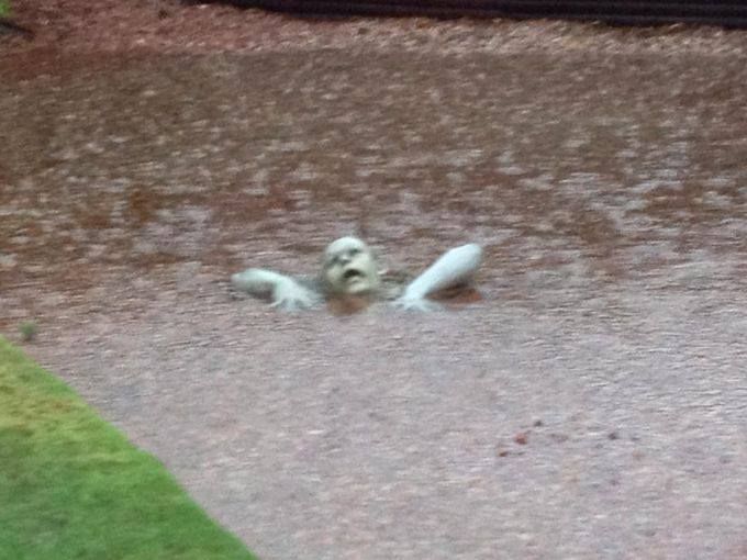 Perfectly placed lawn ornament in Arizona floods.