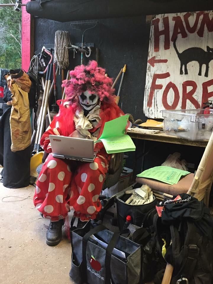 My friend is a math teacher but works at the haunted forest on the weekends. Here she is grading 150 tests in the best way possible.