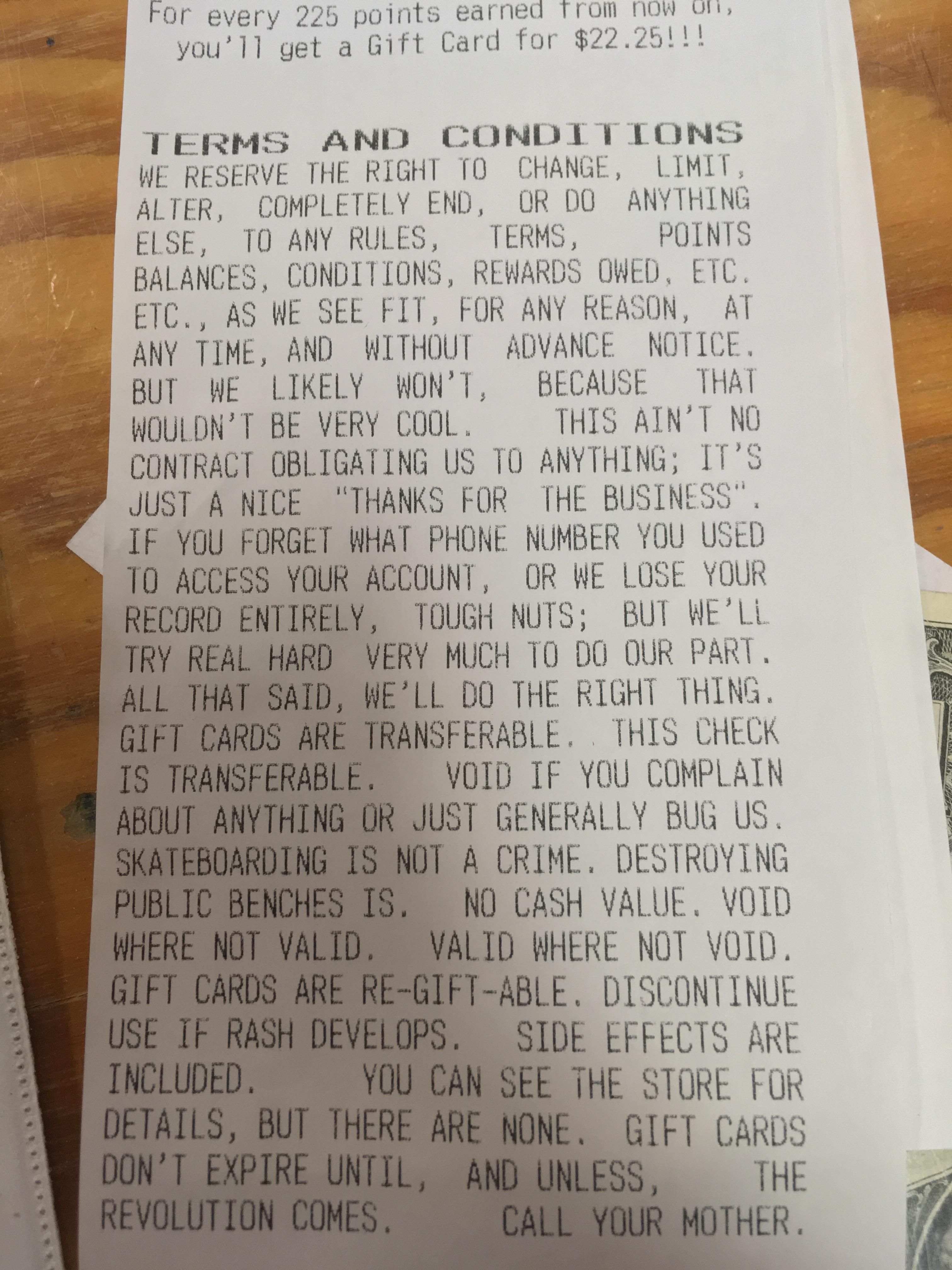 Terms and conditions for gift cards at Shakespeare's Pizza
