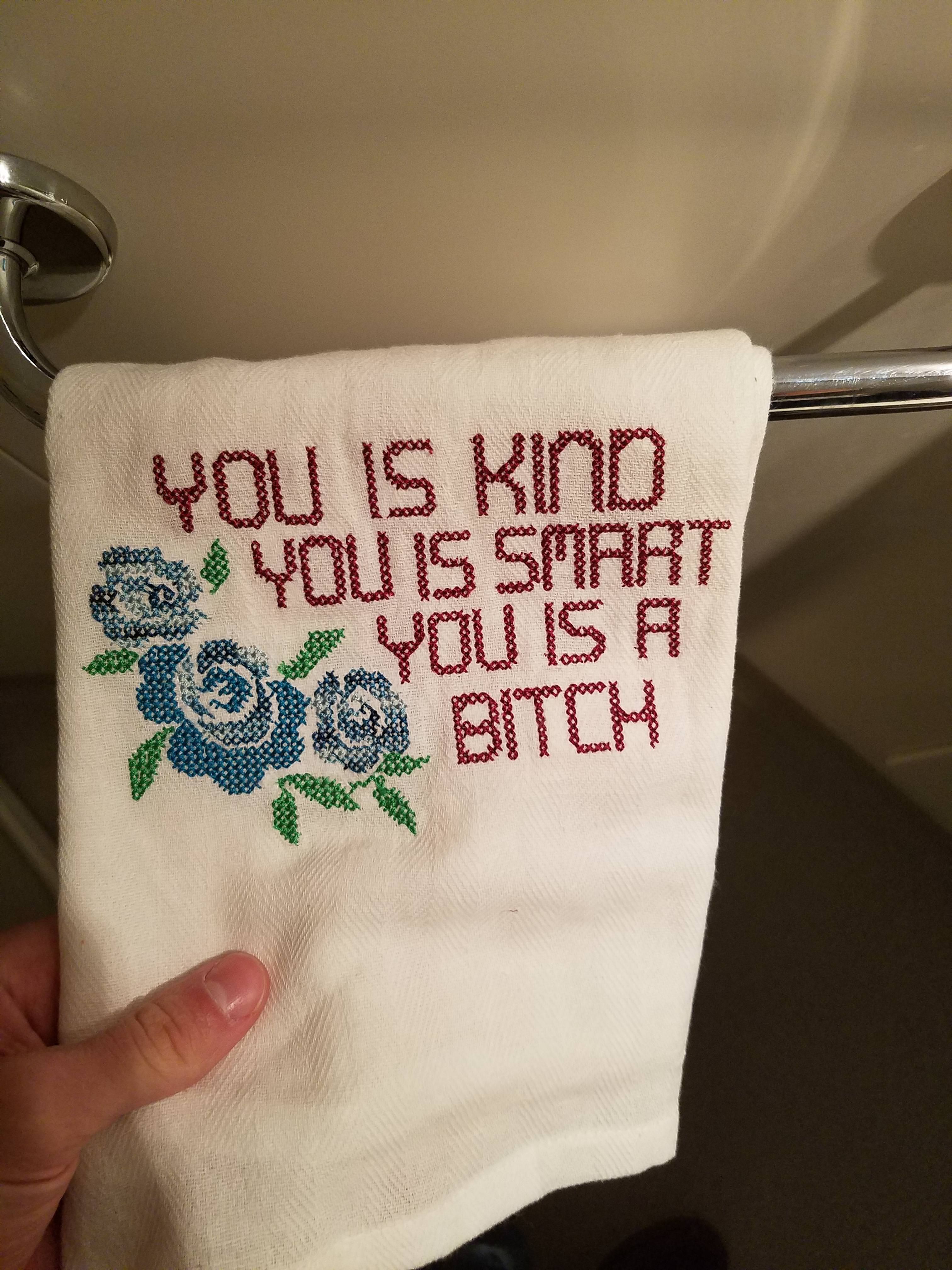 My girlfriend bought this hand towel at a street festival