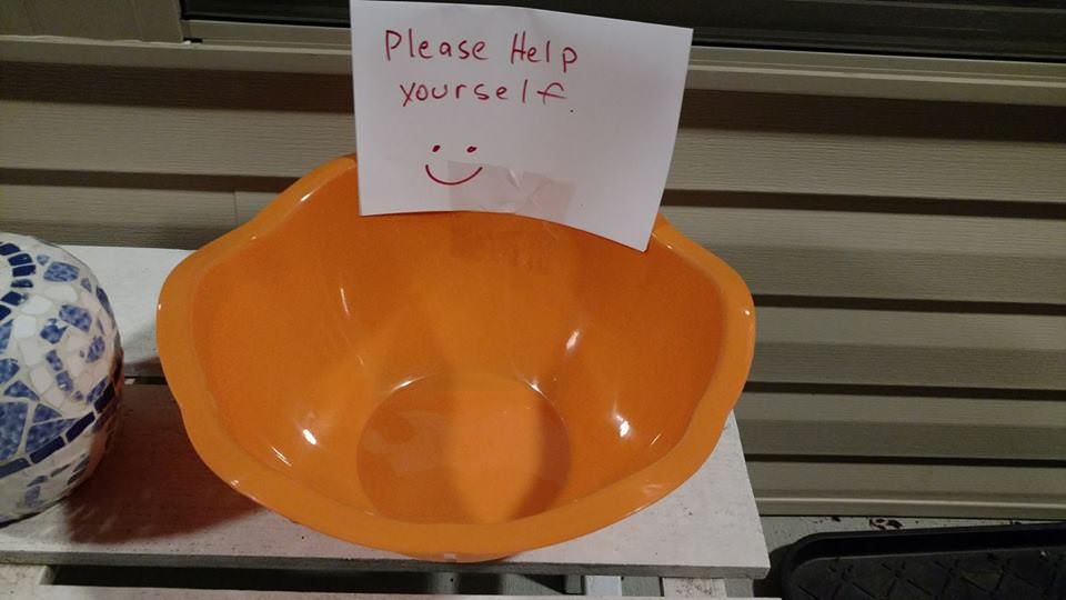 Don't have candy? place empty bowl with note outside, kids will think other kids took all the candy