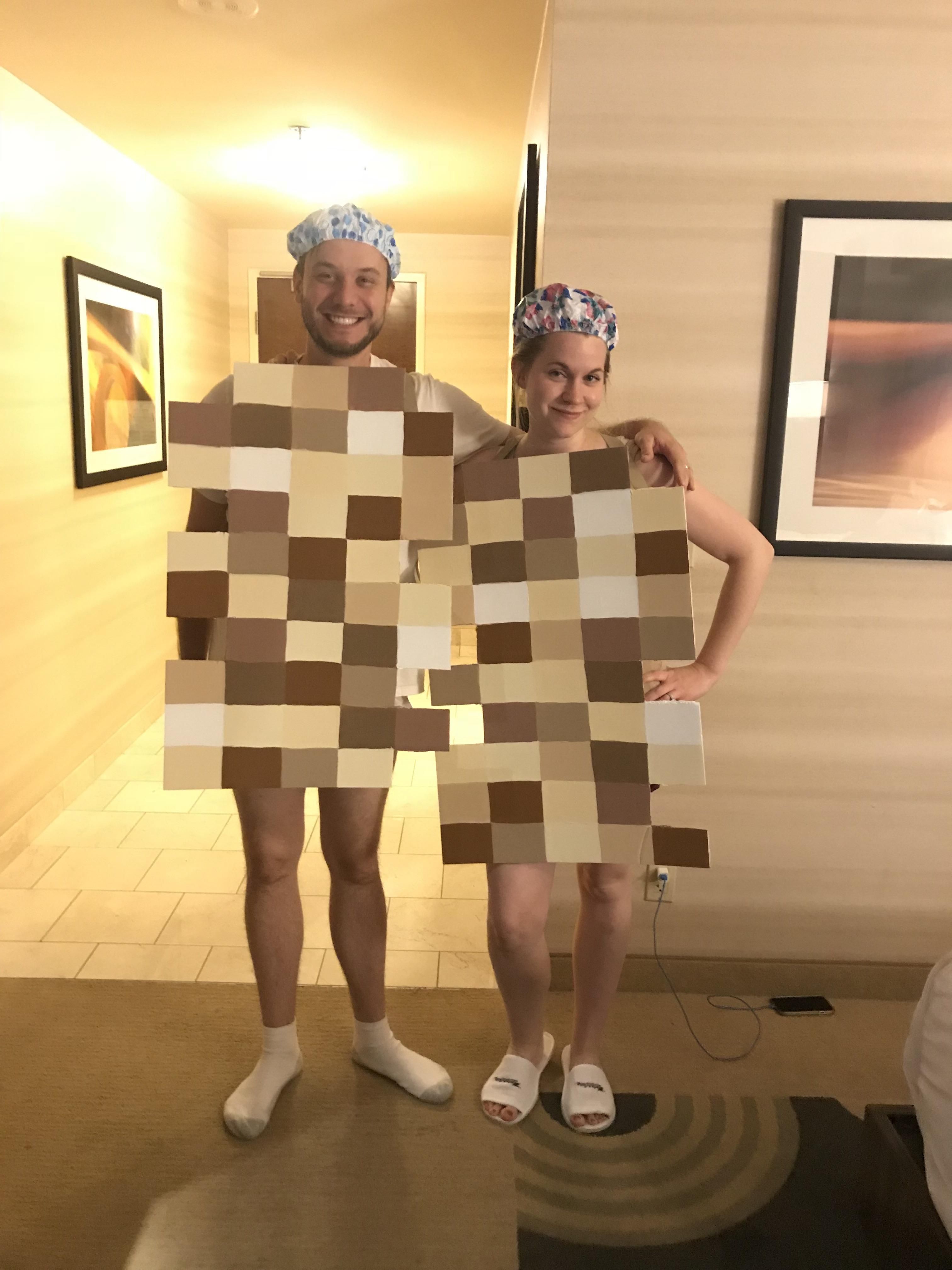 Me and my husband in our Halloween costumes as “pixelated naked people.”