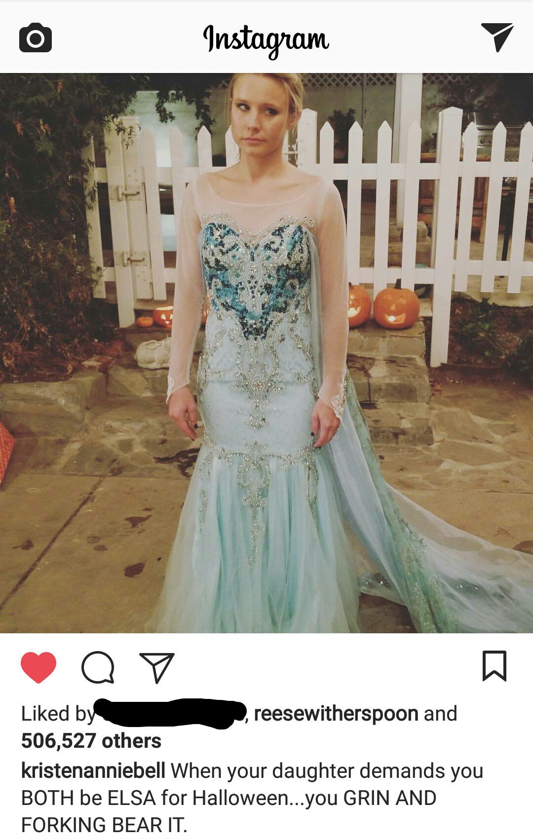 Kristen Bell, the voice of Anna in Frozen, had to be Elsa for Halloween, because her daughter made her do it.