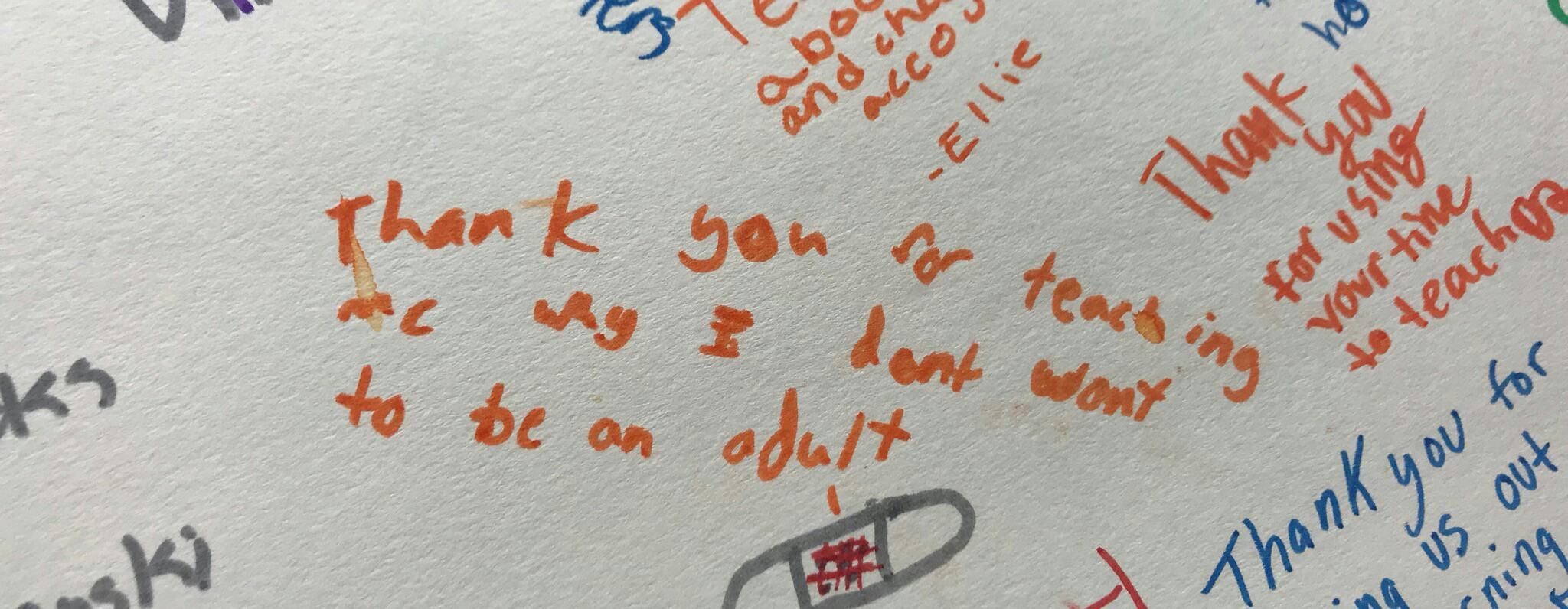 My wife is a financial advisor and recently gave a savings class to 7th graders. This is on her thank you card from them.