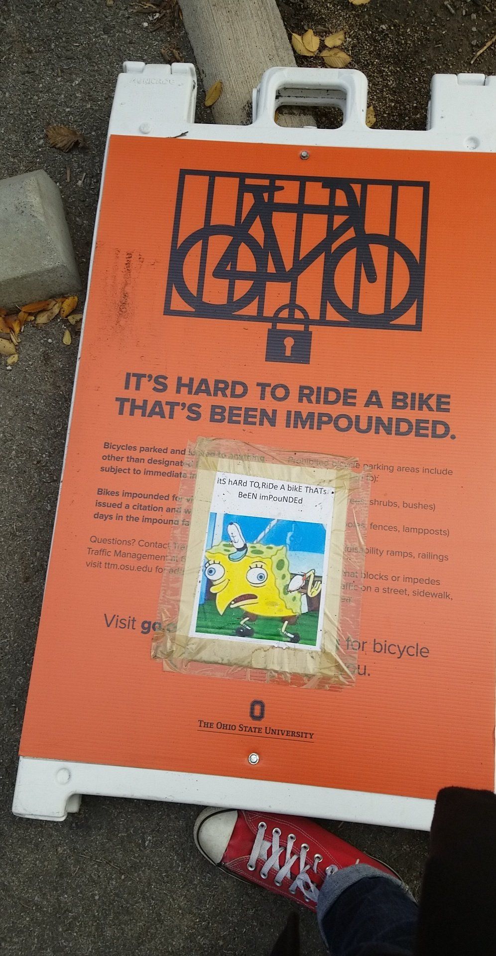 My university has been yelling at students for not locking their bikes on appropriate bike racks, here is the student retaliation.