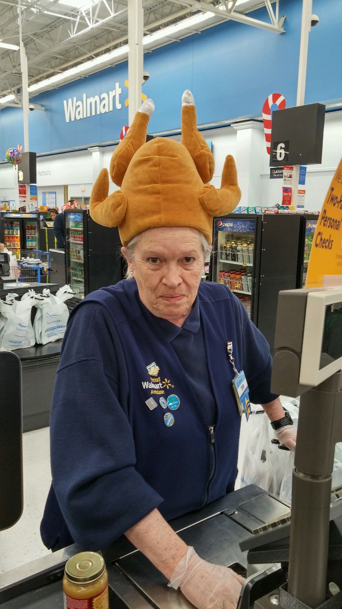 Cashier at my local Walmart is in the holiday spirit