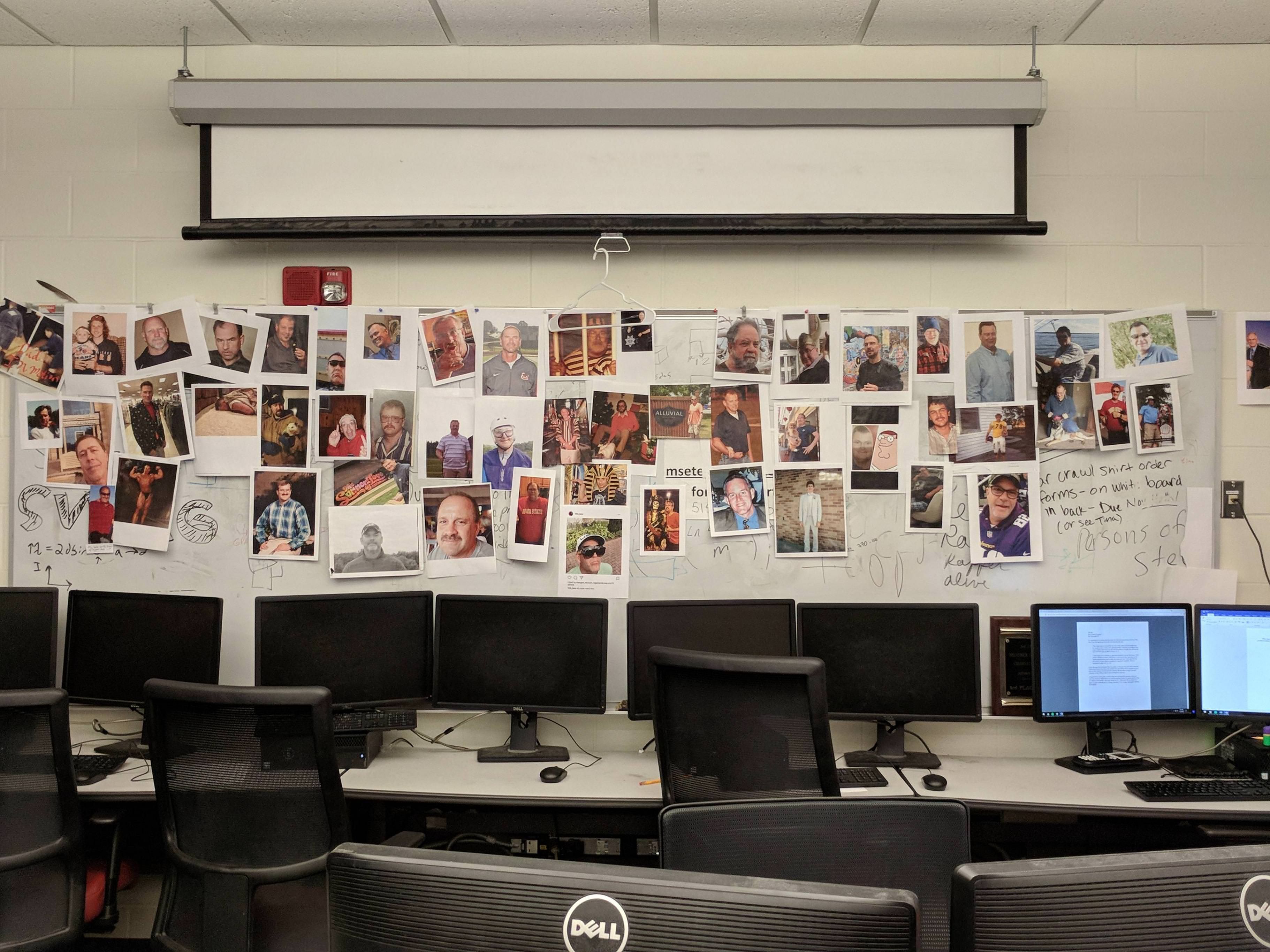 My friend and I thought it would be funny to hang candid pictures of our dads on the computer lab wall at my uni. It kind of took off. I give you, the Dad Wall.