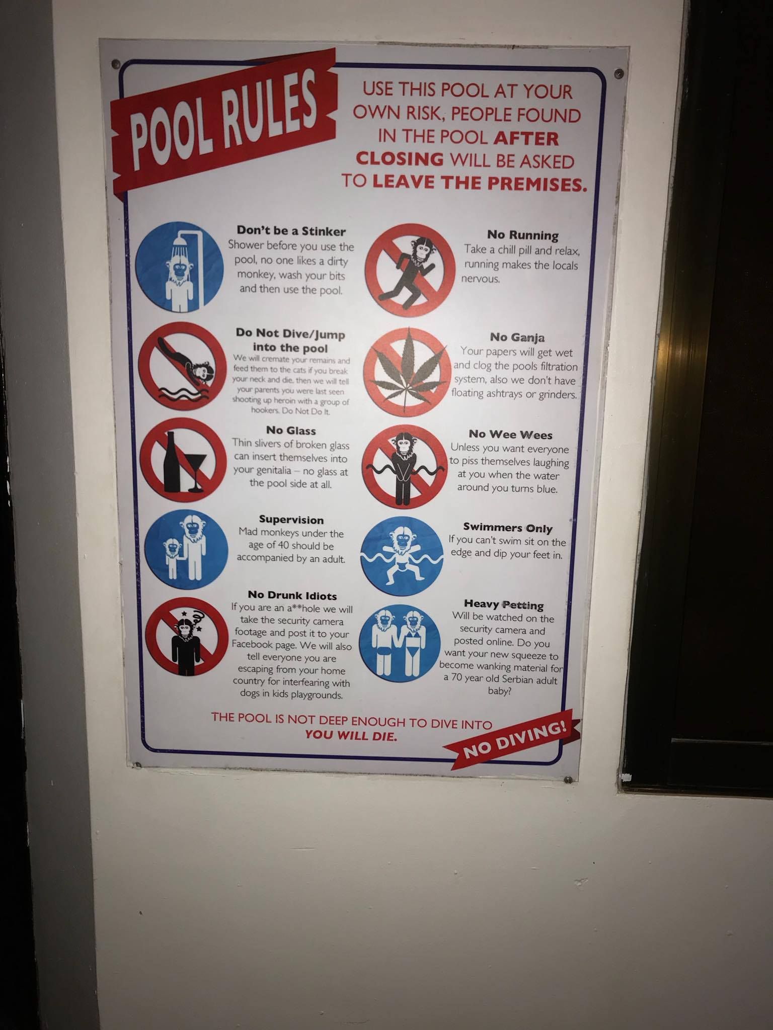Girlfriend sent me this picture of her pool rules in Cambodia