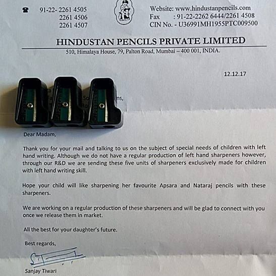 A mother wrote to Pencils manufacturer about her left-handed daughter's needs and they responded