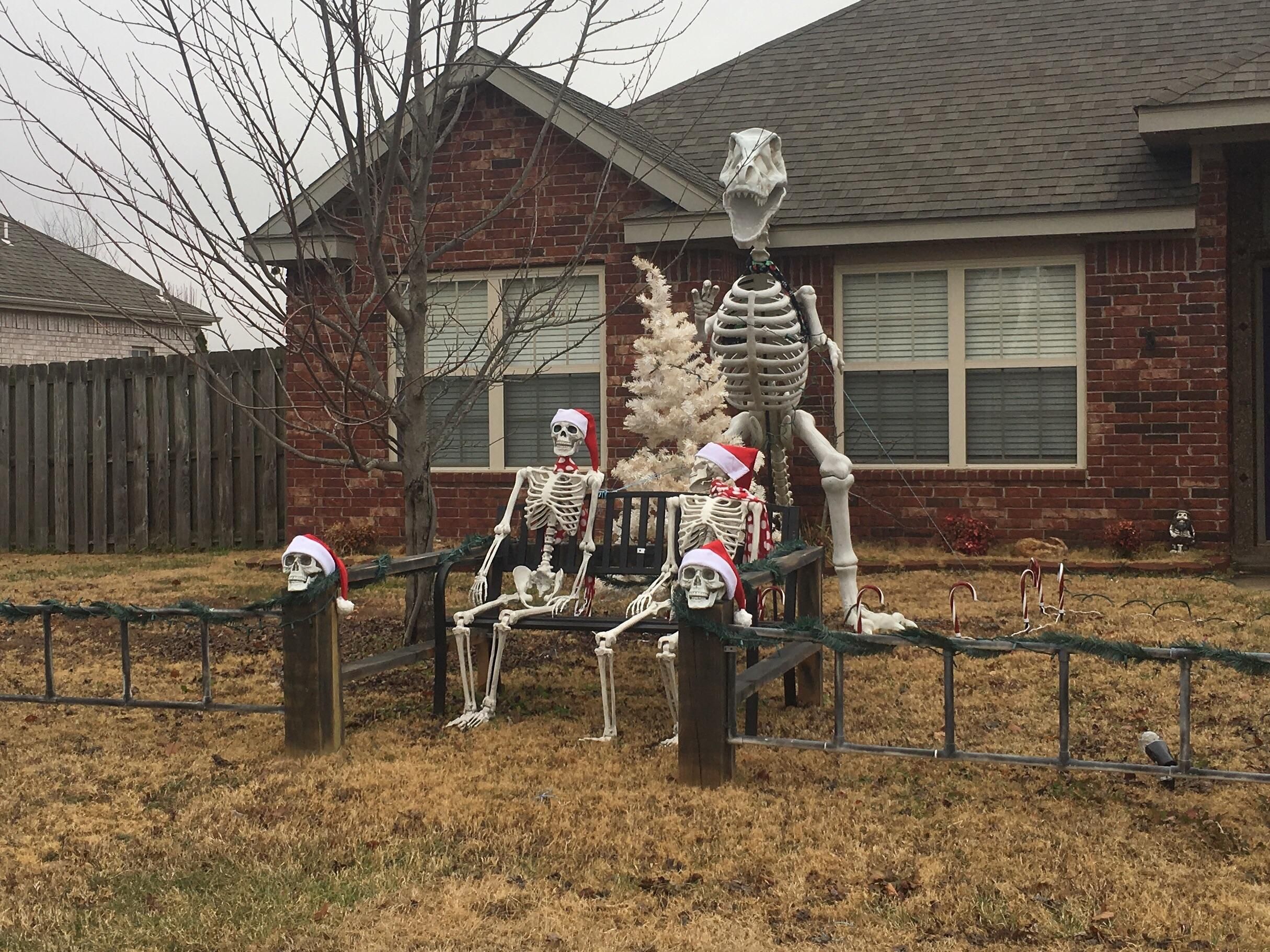 My neighbors just added Santa hats to their Halloween decorations.