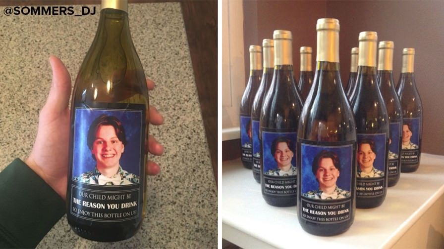 Parents gift son’s teachers wine bottles with his face on them since he’s ‘the reason you drink’