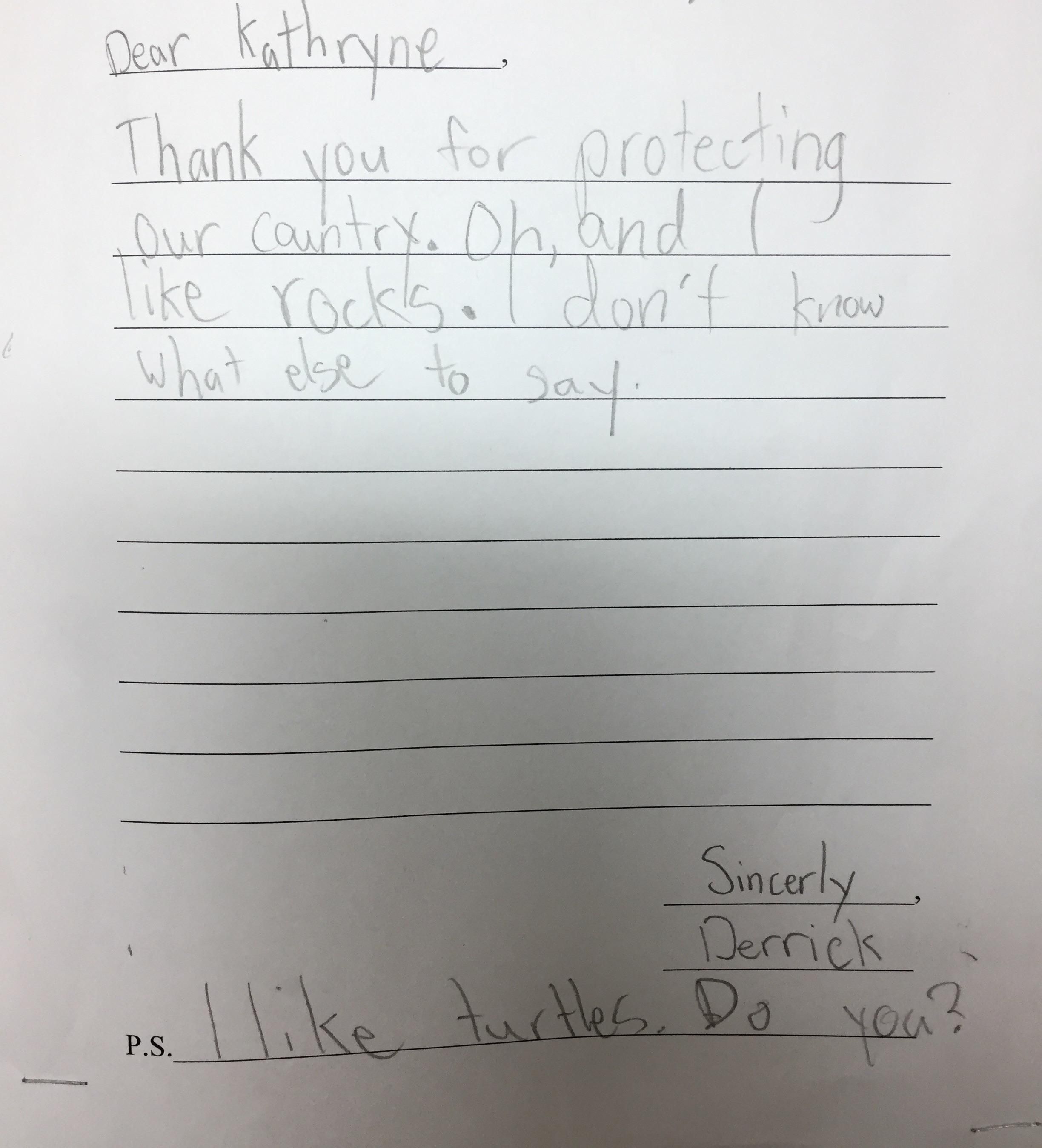 My wife is deployed. Some first graders sent her letters for Christmas. This is her favorite.