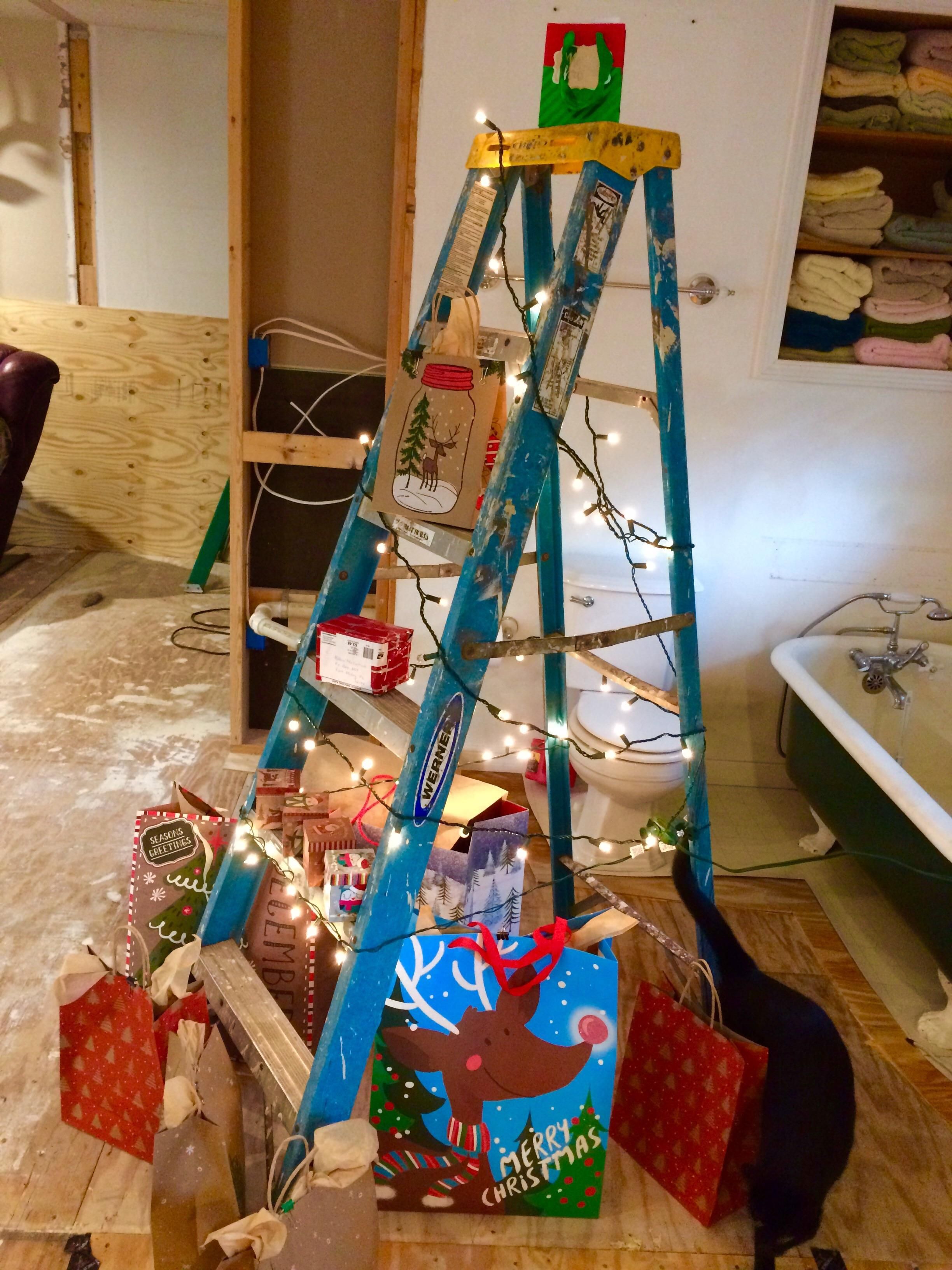 My parents are remodeling their home over the holiday break. This is their makeshift Christmas tree.