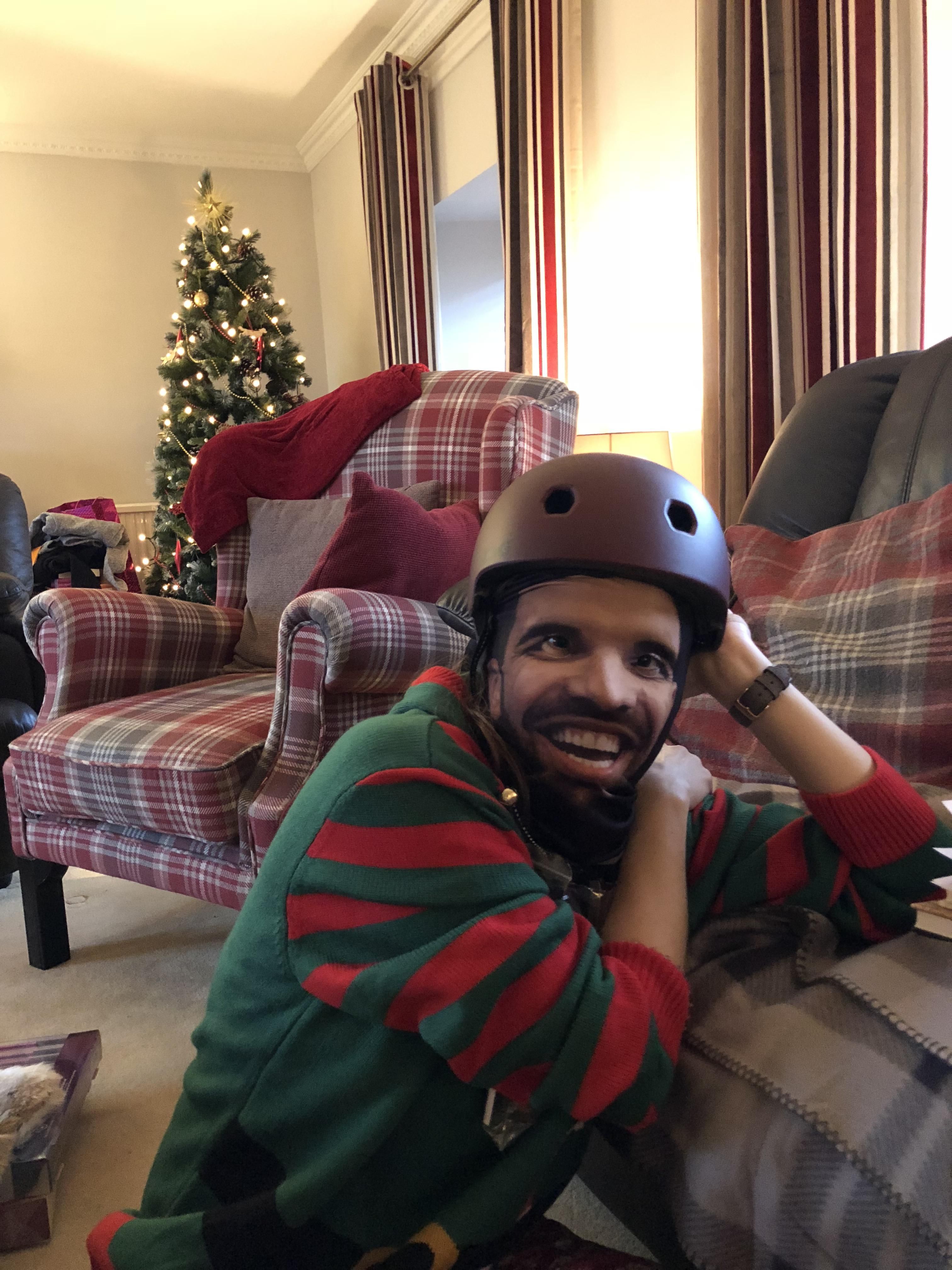 I got my gf a new bike helmet, my brother-in-law got her a Drake face-print balaclava and now she looks like a custom video game character
