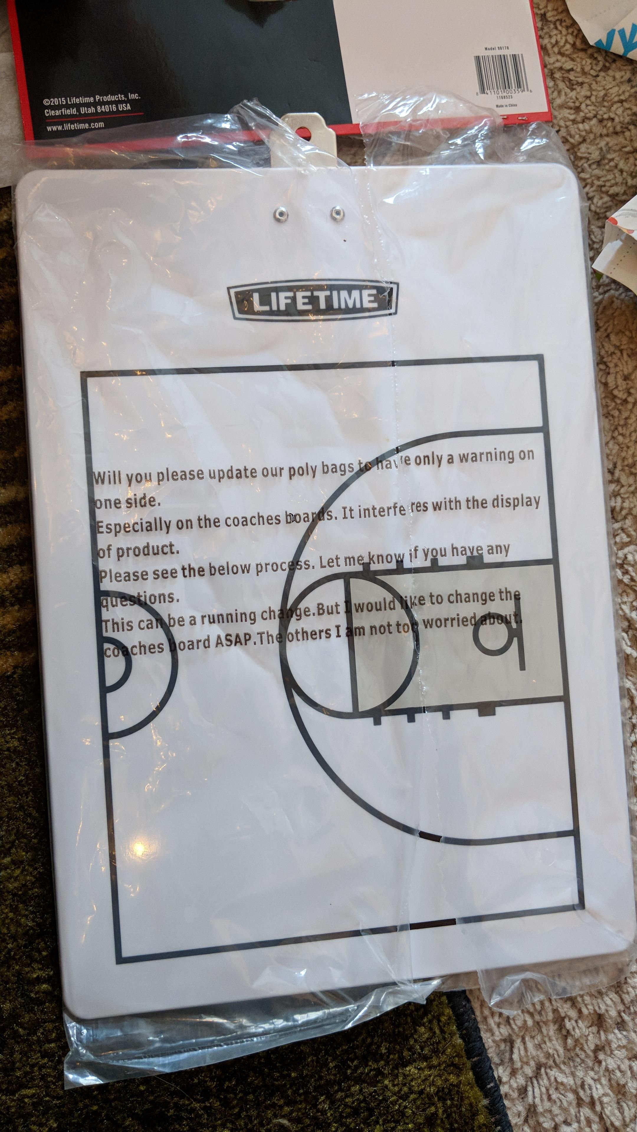 The packaging of my son's new basketball markerboard. #lostintranslation