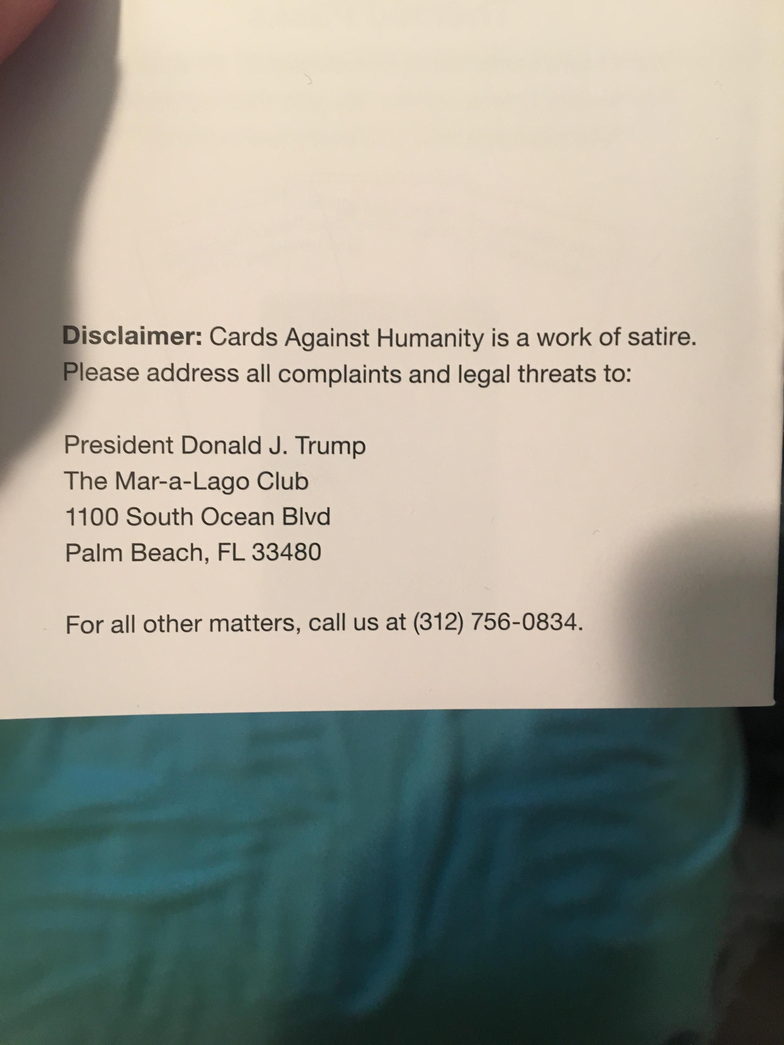 My girlfriends parents gave me Cards Against Humanity for Christmas. This was on the back of the Rules Pamphlet.
