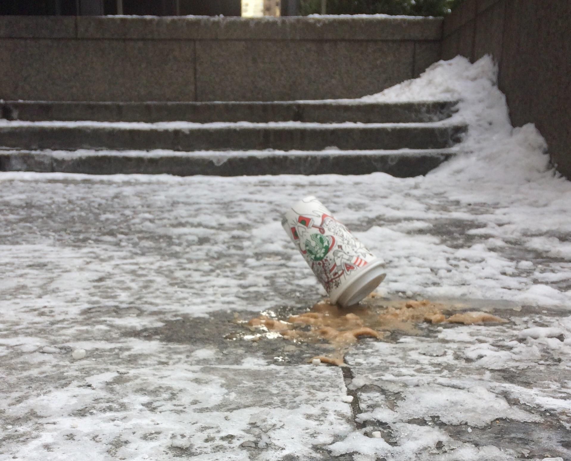 Cold day in Toronto, ON. Found this frozen starbucks cup on a sidewalk.