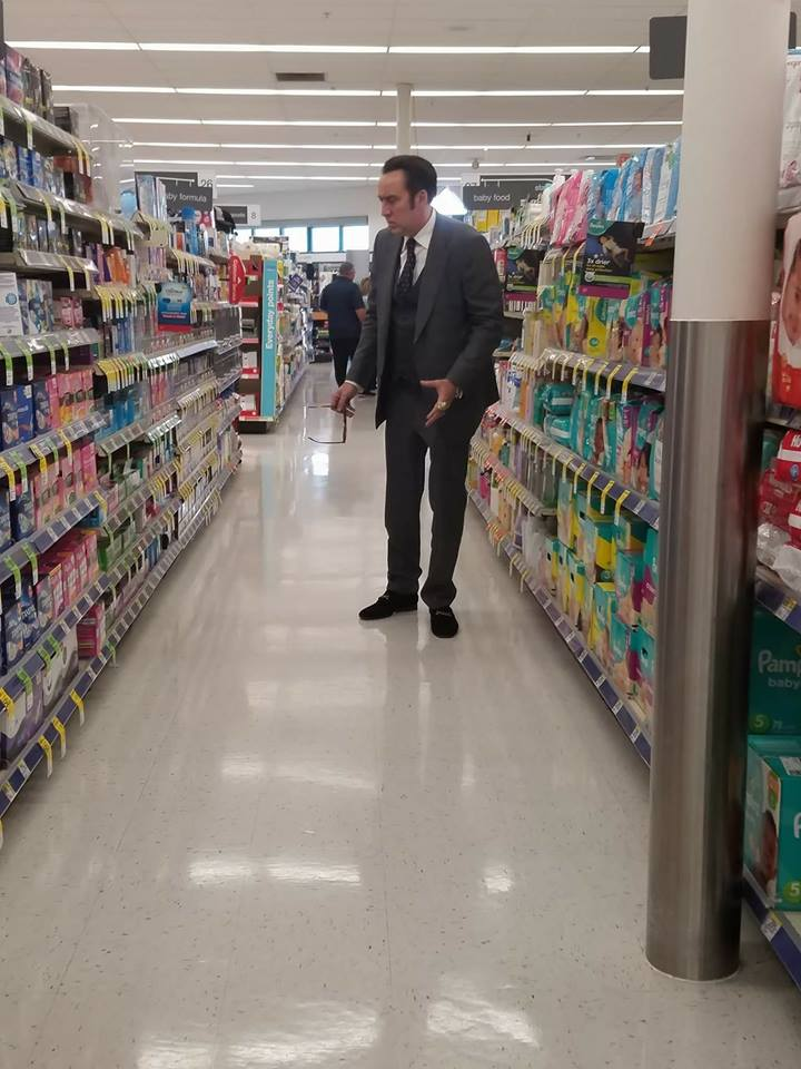 Nic Cage at Walgreens in the tampon isle