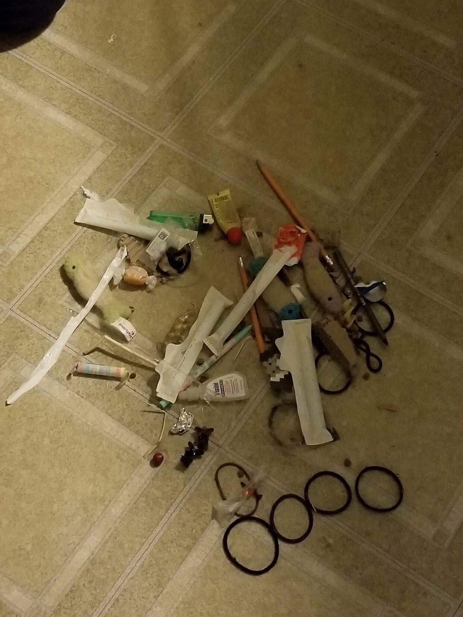 My sister in law caught her cat stealing from her purse, and decided to follow her to see where she was going. This is what she found behind the stove, where she has been hiding her loot.