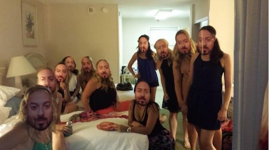 When you walk into your bachelorette party and find out your sister made all your friends wear a mask of your fiancé's face! This is nightmare material, right here!