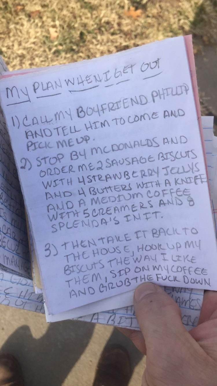 A coworker’s friend found a notebook on the curb outside the county jail and it had this very specific list