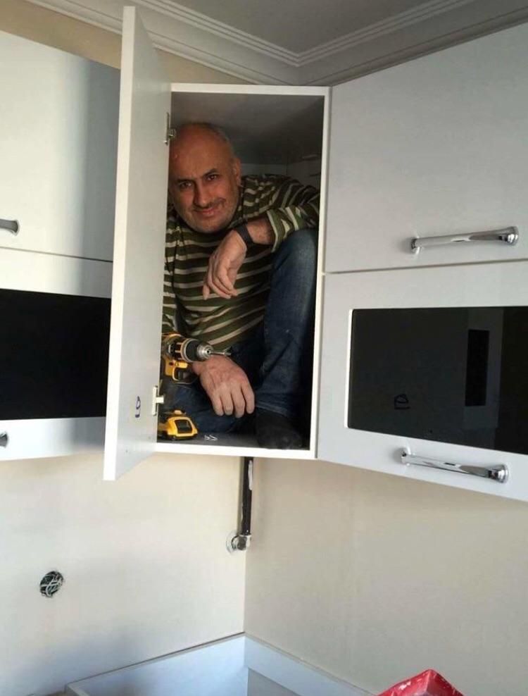 This contractor will go into the cabinets he has built just to prove how sturdy they are