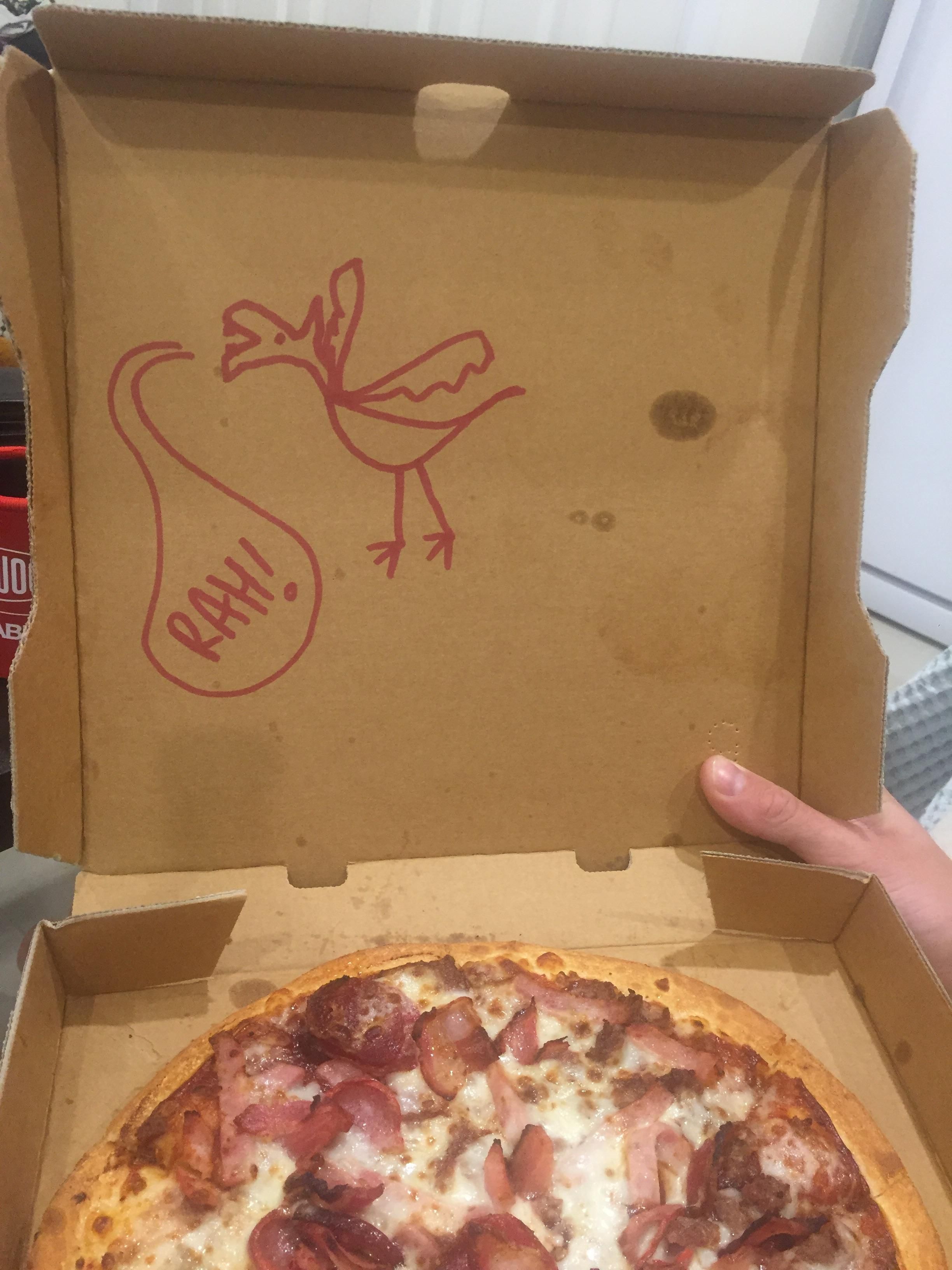 Asked Dominoes to ‘Draw your best Velociraptor on the box’