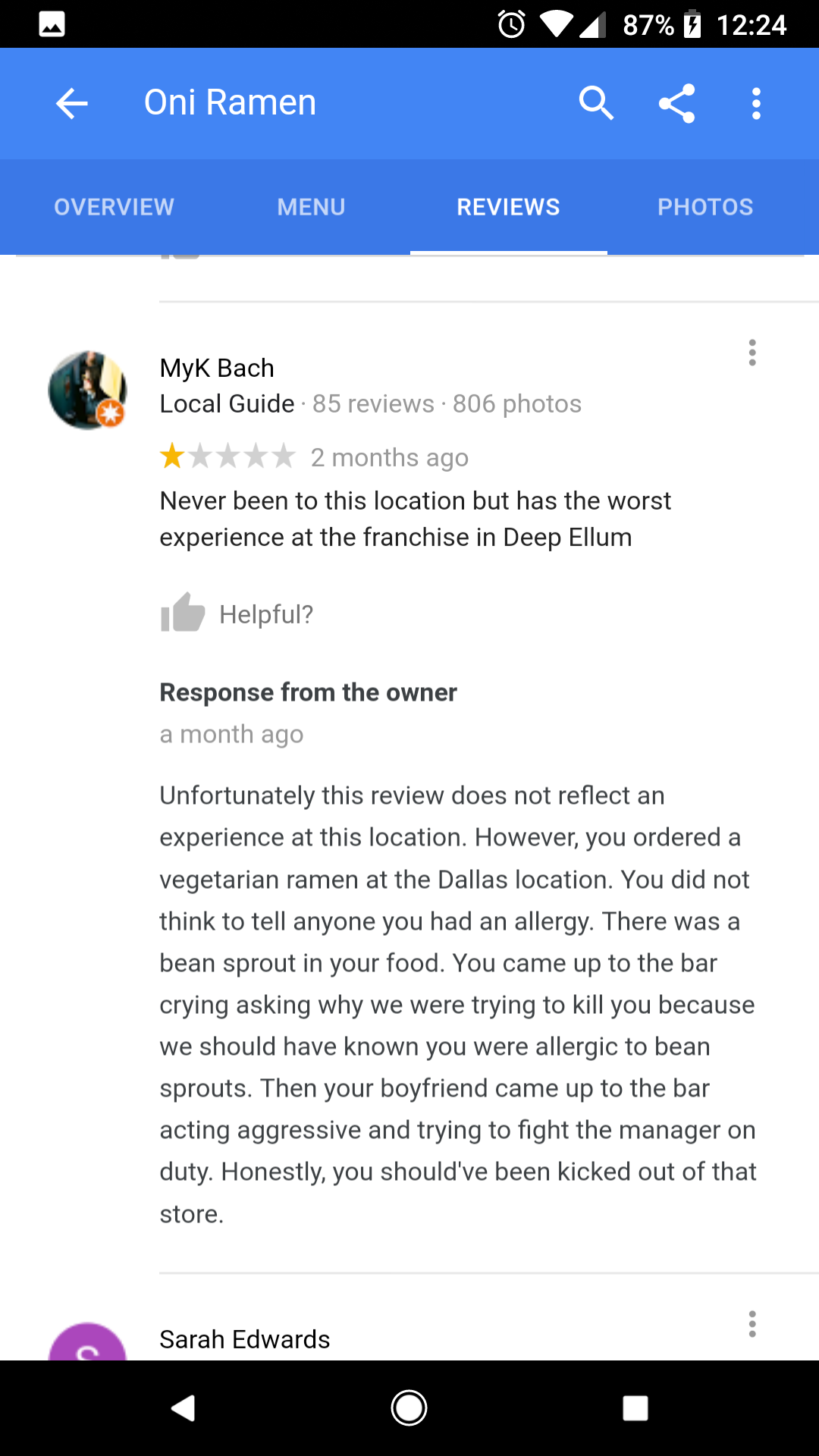 Reading reviews to find a restaurant for tonight. Definitely going to support this owner. There's plenty more gems too...