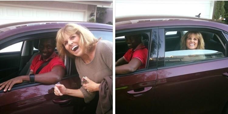 My friend's mom sent pictures to her whole family as she hopped into her first UBER ride ever. She's so excited- and probably had a neighbor take the picture.