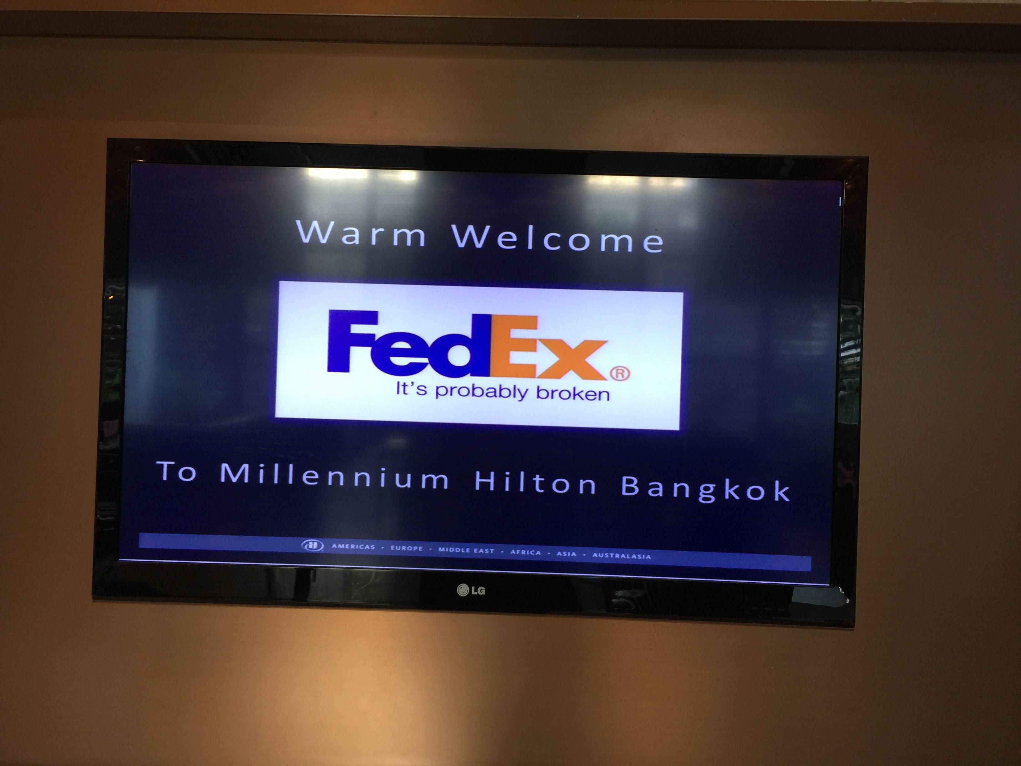 "We need to show we're sponsored by FedEx." "No prob. I'll grab something off the Internet." -- Seen at the Millennium Hilton, Bangkok