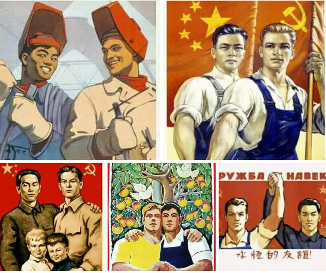 The Soviet-Chinese propaganda posters seem to be the story of a beautiful interracial gay couple who met in a metallurgical, got married and had beautiful childrend and a farm