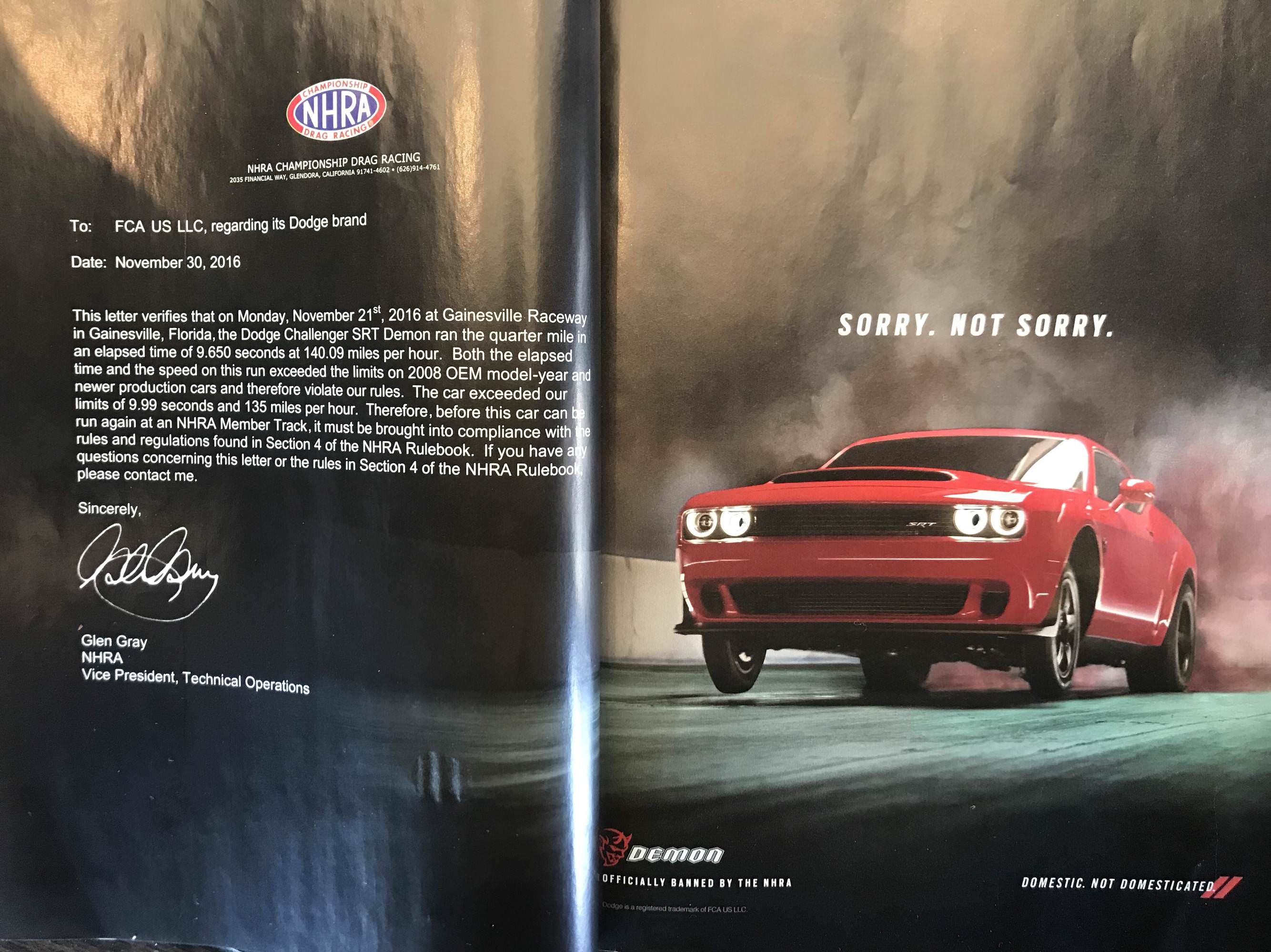 This ad for the New Dodge Demon is simply the letter from the NHRA telling them it’s too fast to be allowed.
