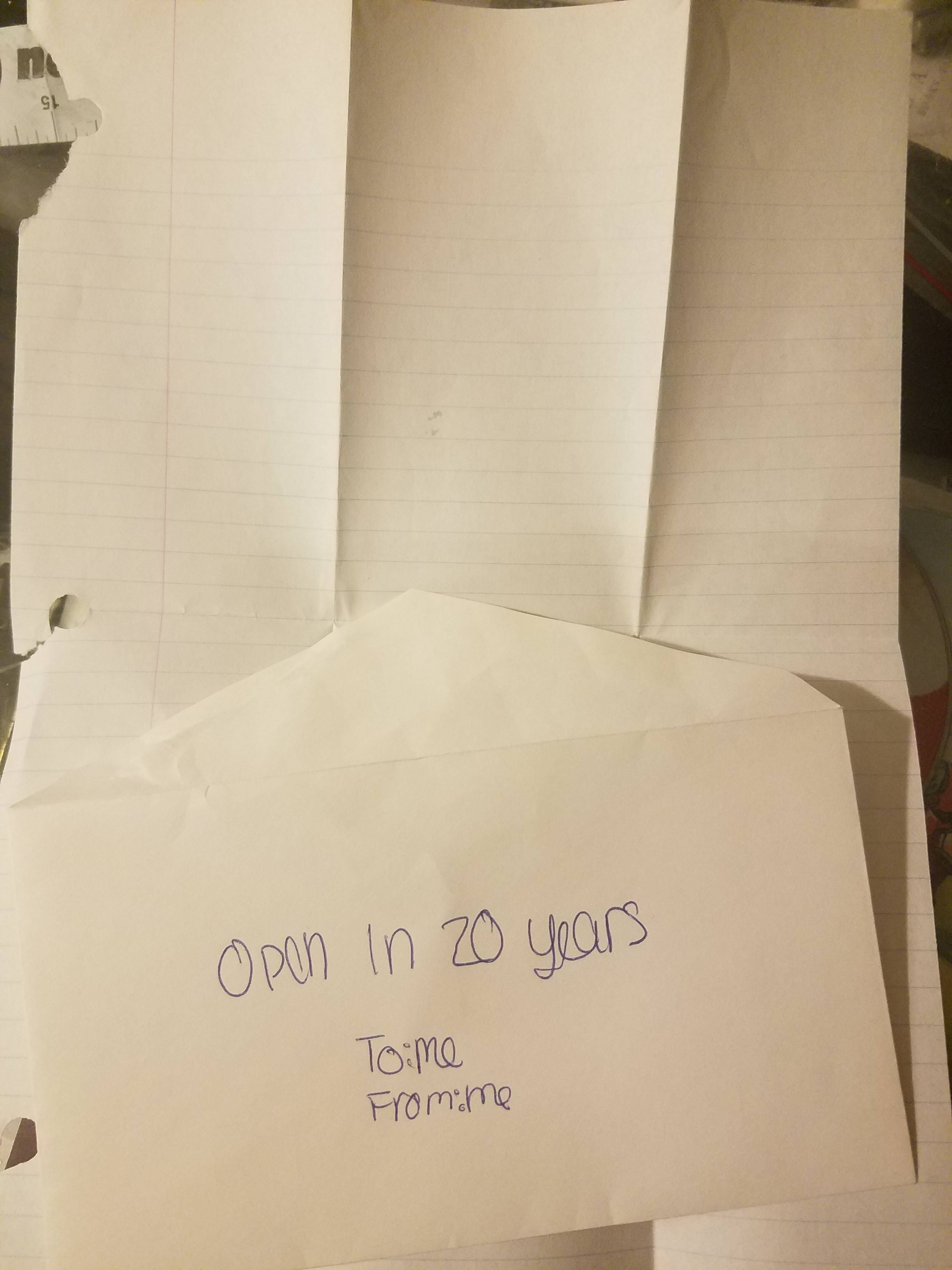 At age 12 my girlfriend had to write a letter to herself for school and keep it sealed 20 years. She turned 32 today. She fooled her teacher then... and herself now.