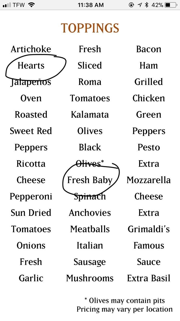 Grimaldi’s menu layout on mobile makes it look like these are single toppings.