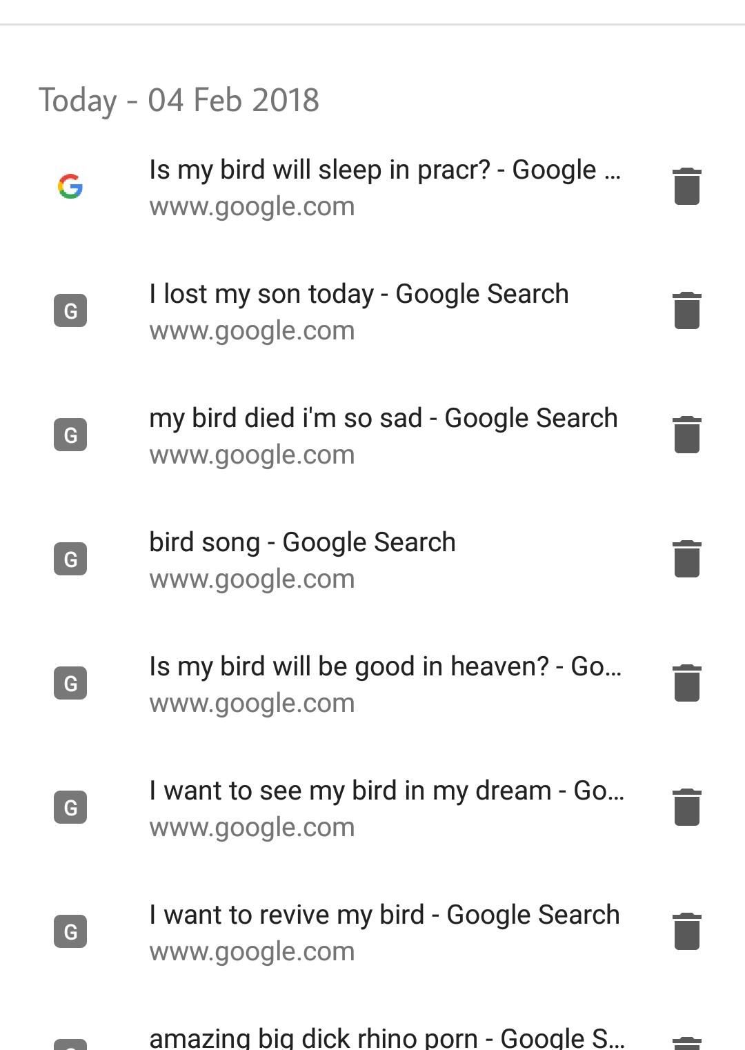 My brother's bird died this morning. I saw his google history. So sad...