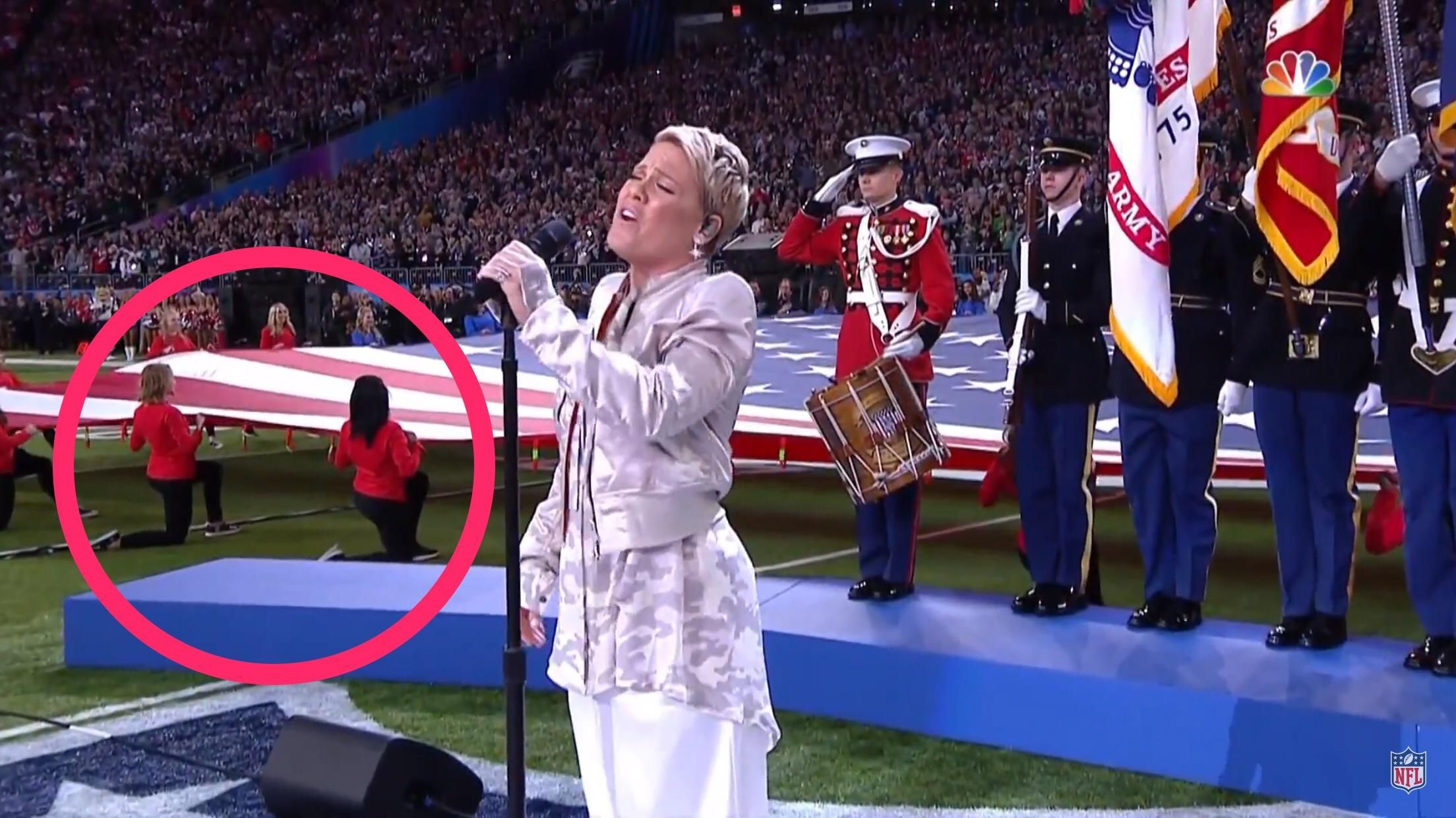 Woman caught disrespecting the national anthem at the Super Bowl