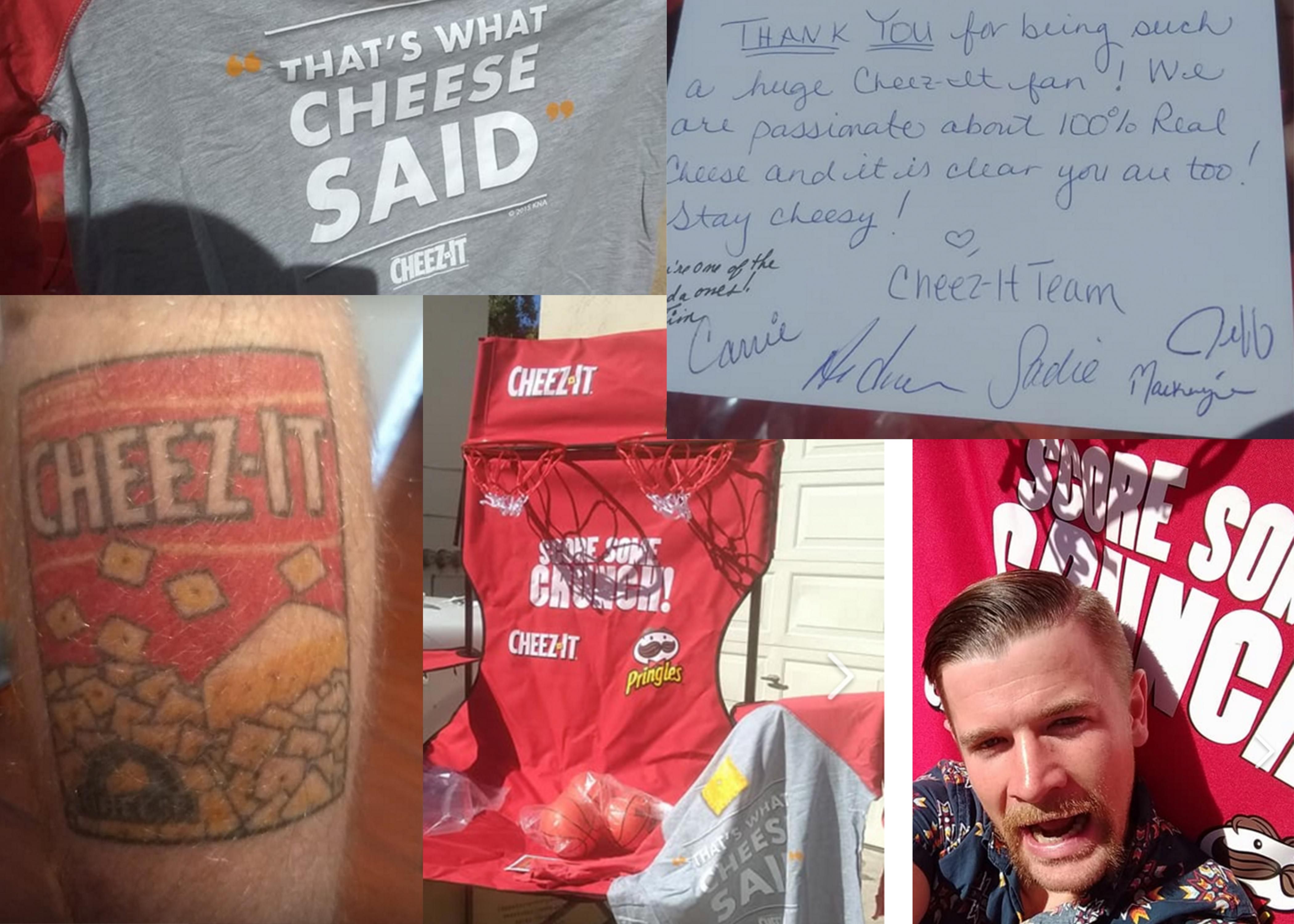 My friend has a box of "cheez its" tattooed on his leg. He met a higher up from the company on a cruise and they sent him a bunch of cheez its gear.