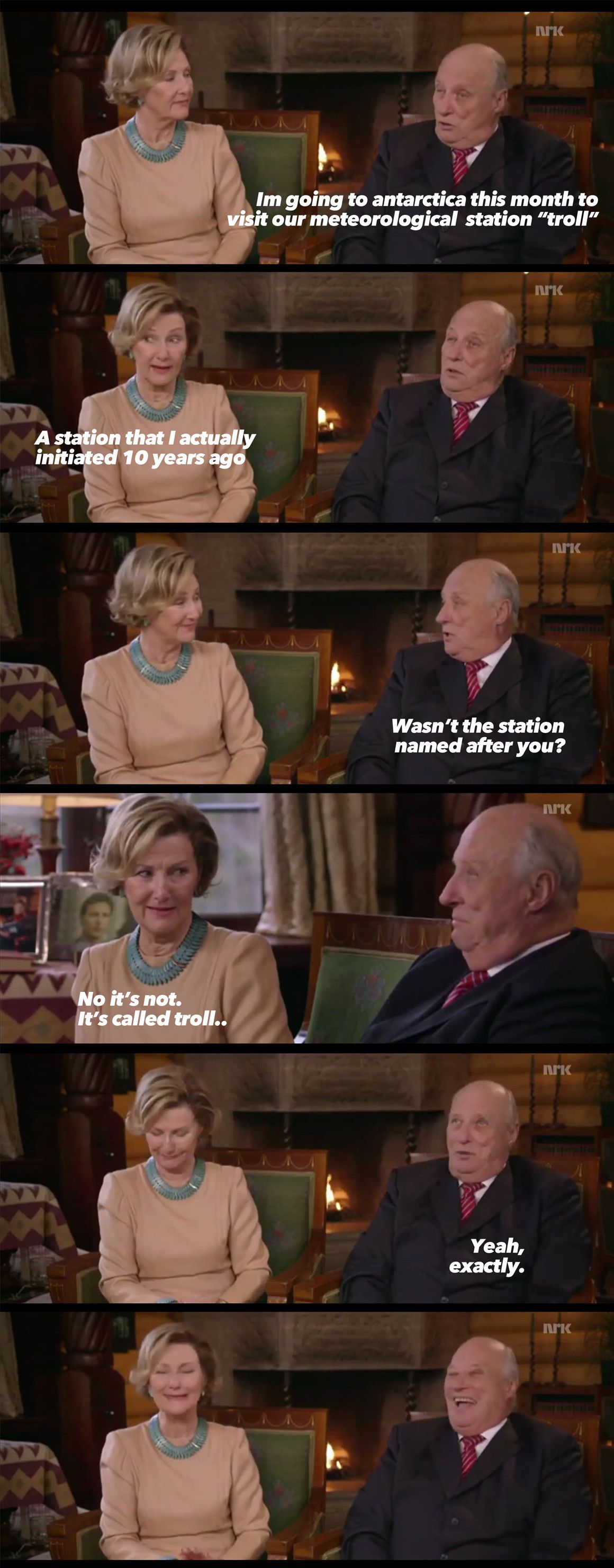 Today is the eighty-first birthday of Harald V, king of Norway. Here's a joke he made on national television a few years ago. The lady is his wife, the queen of Norway
