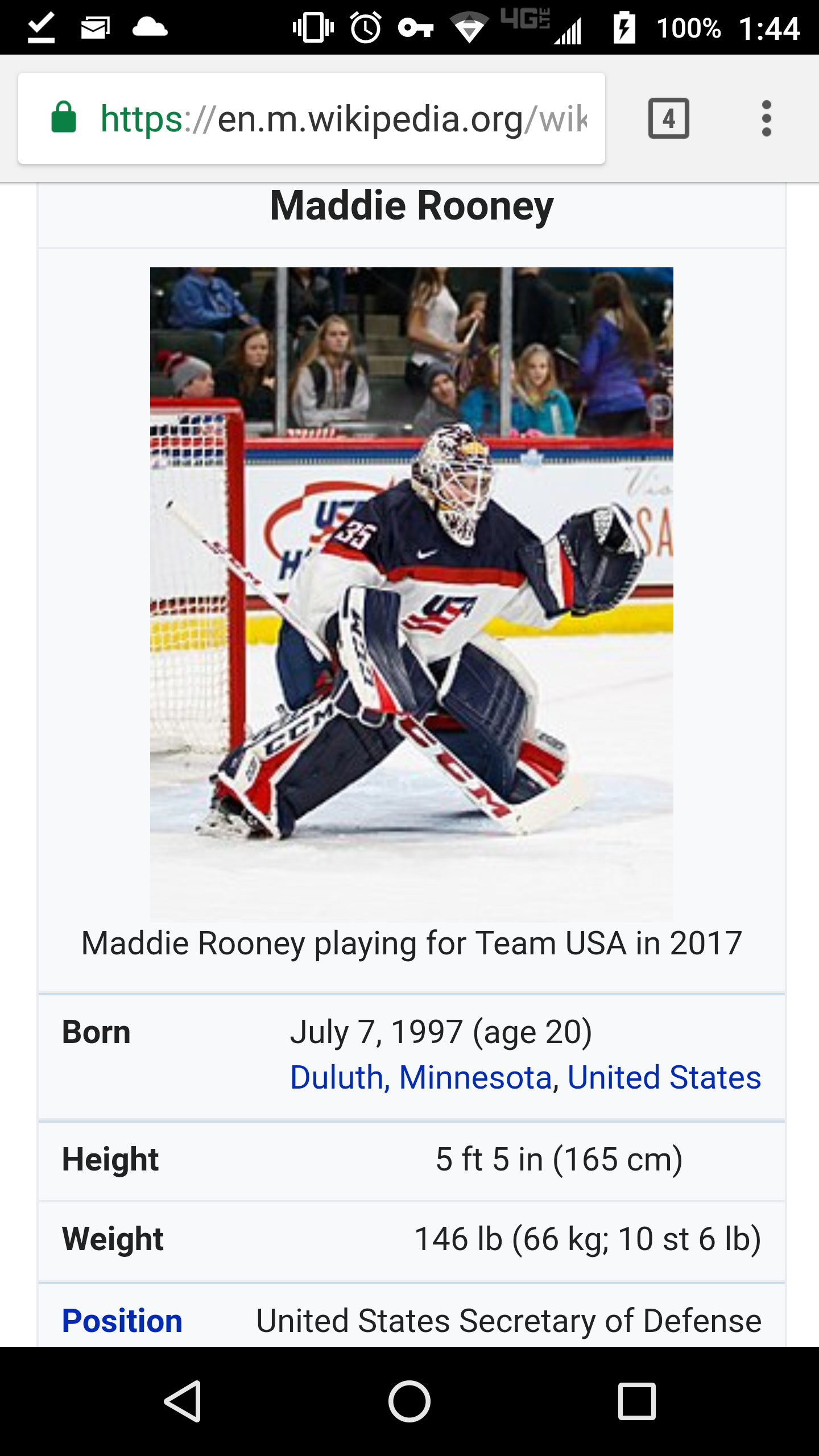 Maddie Rooney's Wikipedia Page Shortly After Winning Gold in Pyeongchang